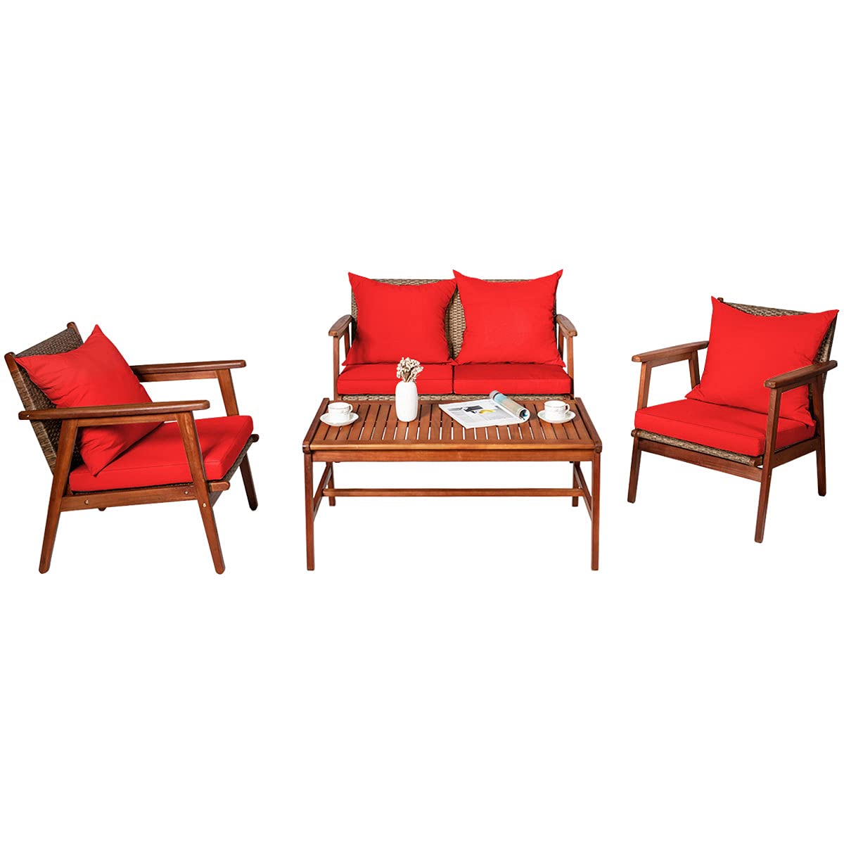 SUGIFT 4 Pieces Acacia Wood Patio Rattan Furniture Set with Cushions