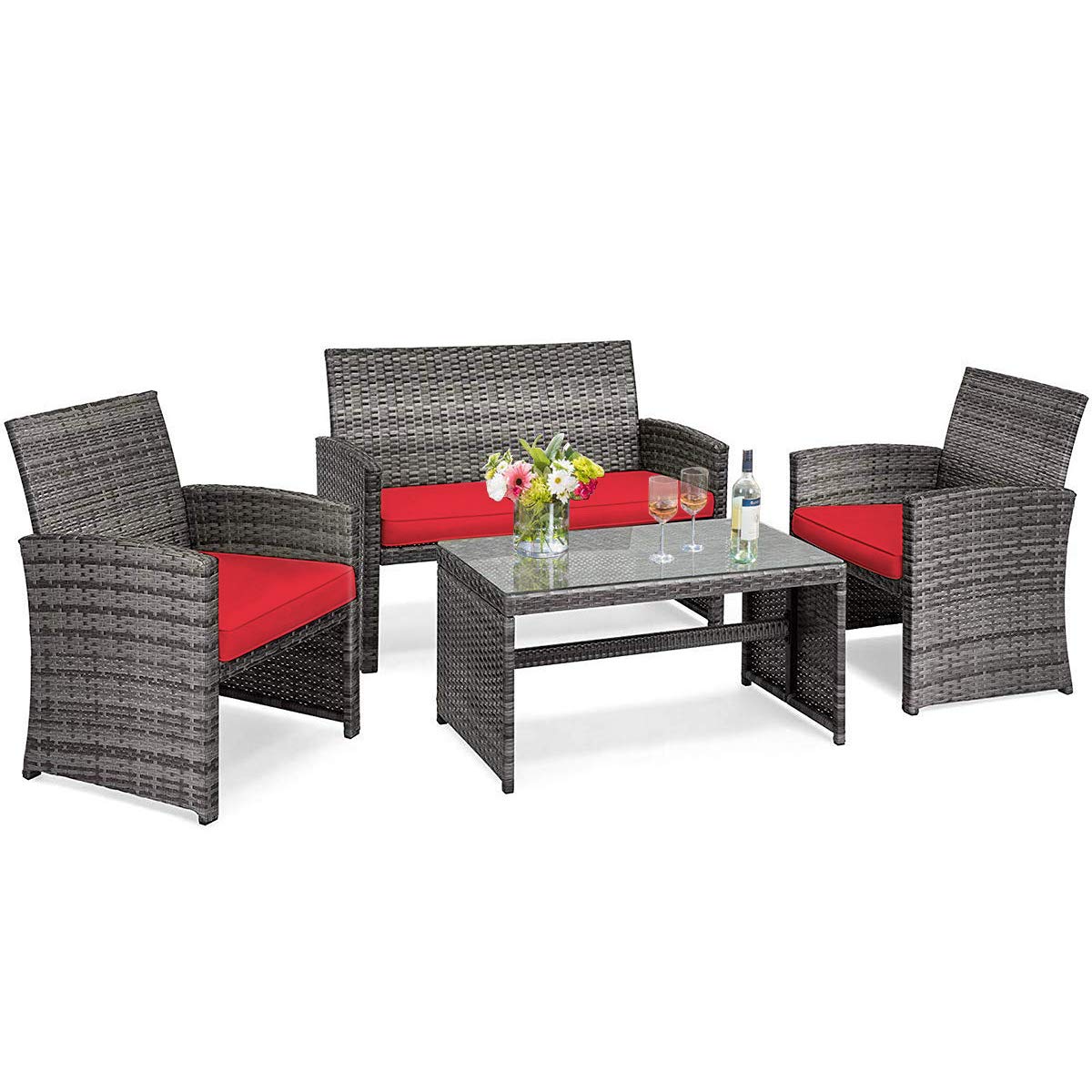 SUGIFT 4 Pieces Patio Rattan Furniture Set with Glass Table and Loveseat