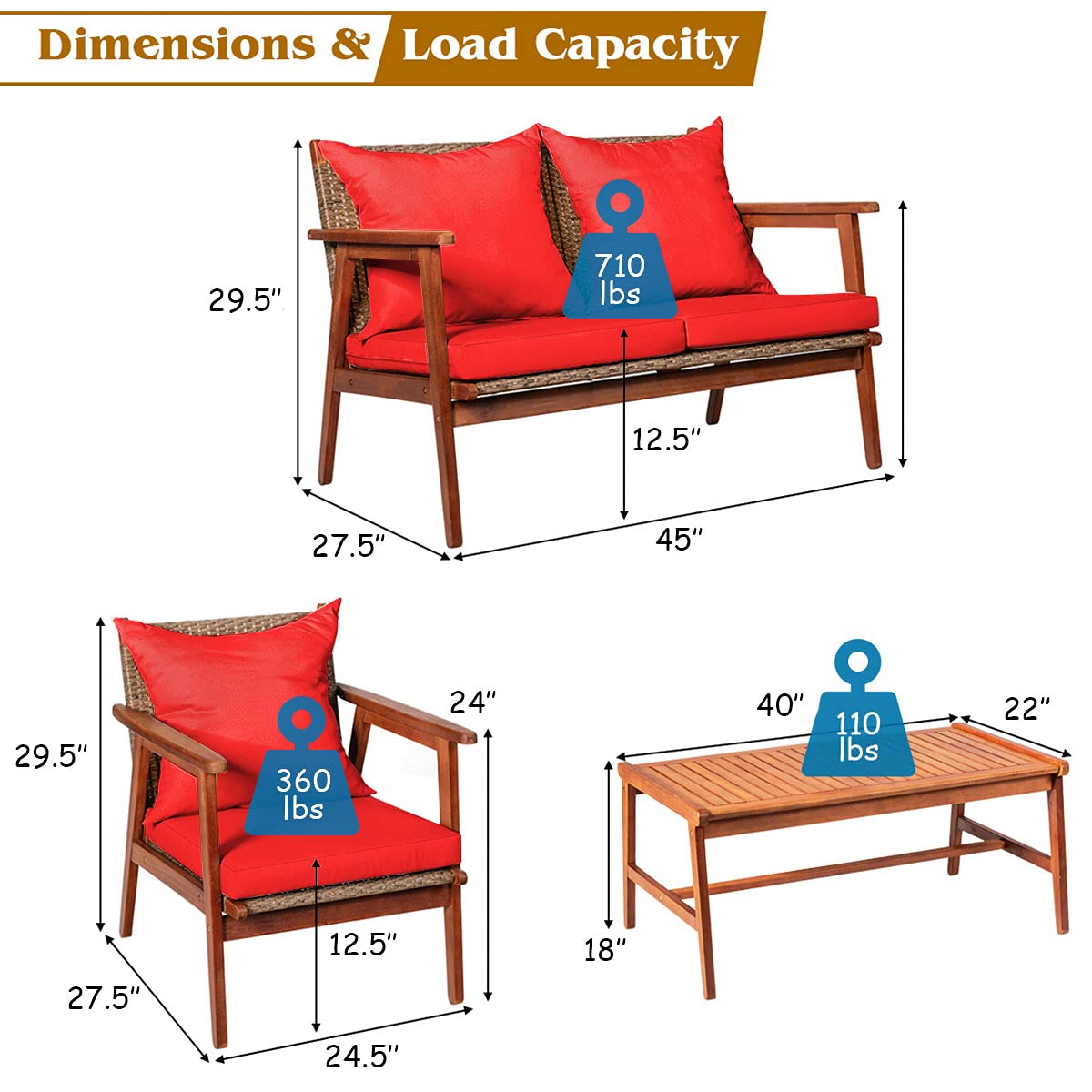 SUGIFT 4 Pieces Acacia Wood Patio Rattan Furniture Set with Cushions