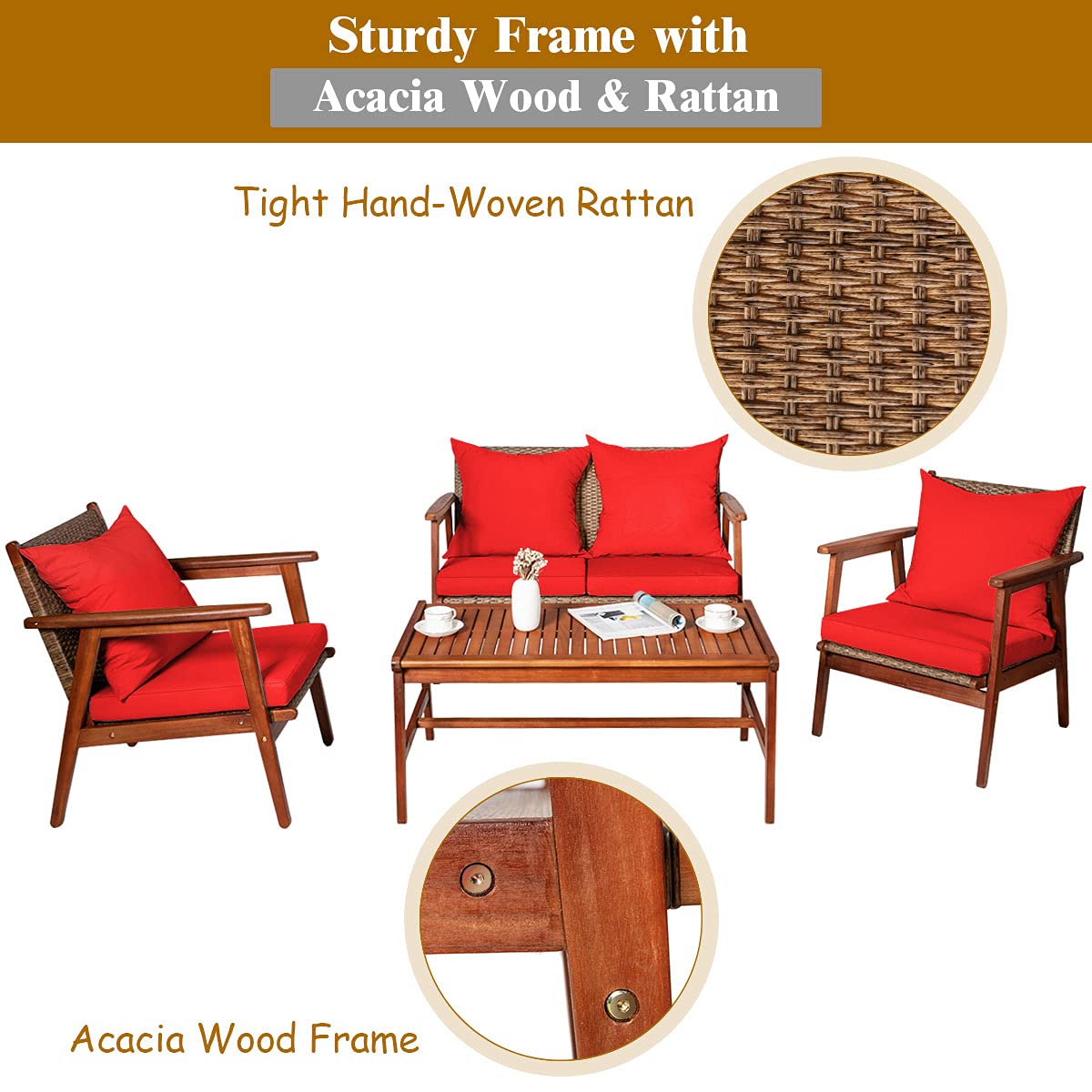 SUGIFT 4 Pieces Acacia Wood Patio Rattan Furniture Set with Cushions