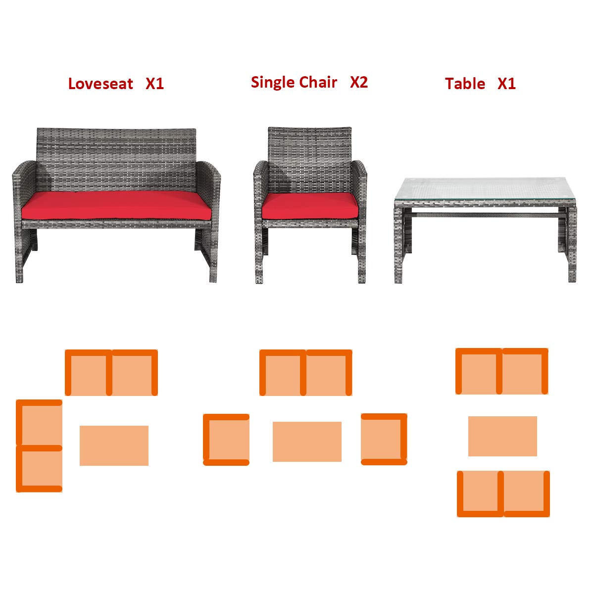 SUGIFT 4 Pieces Patio Rattan Furniture Set with Glass Table and Loveseat