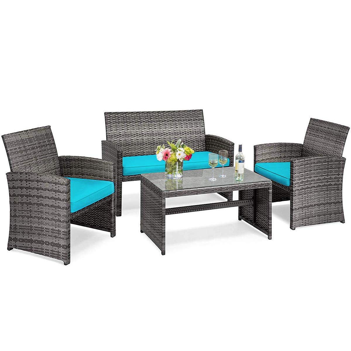 SUGIFT 4 Pieces Patio Rattan Furniture Set with Glass Table and Loveseat