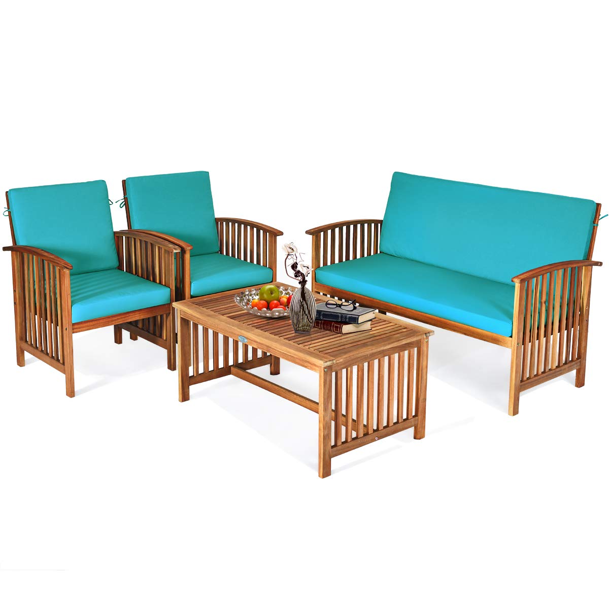 SUGIFT 4 Pieces Patio Solid Wood Furniture Set with Water Resistant Cushions