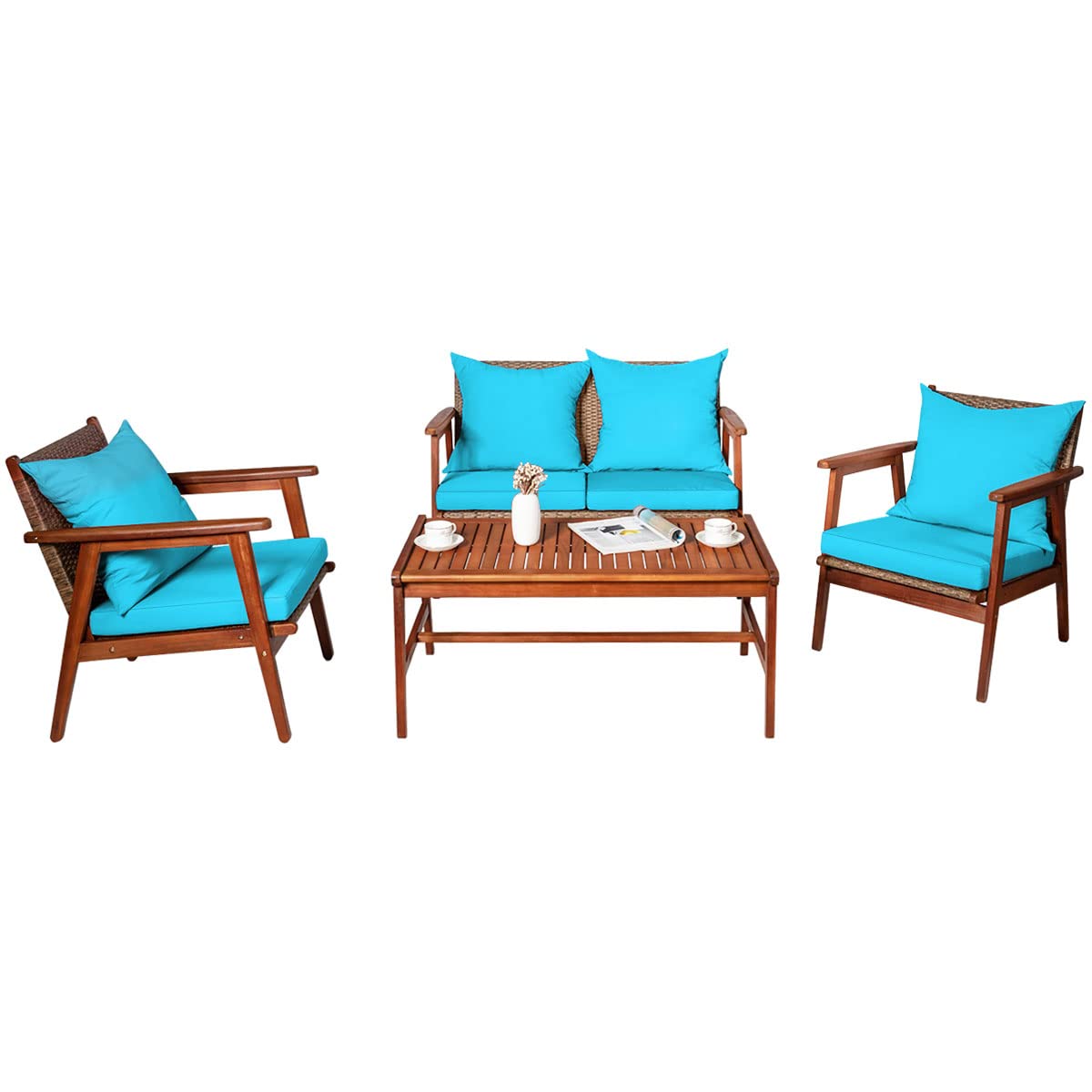SUGIFT 4 Pieces Acacia Wood Patio Rattan Furniture Set with Cushions