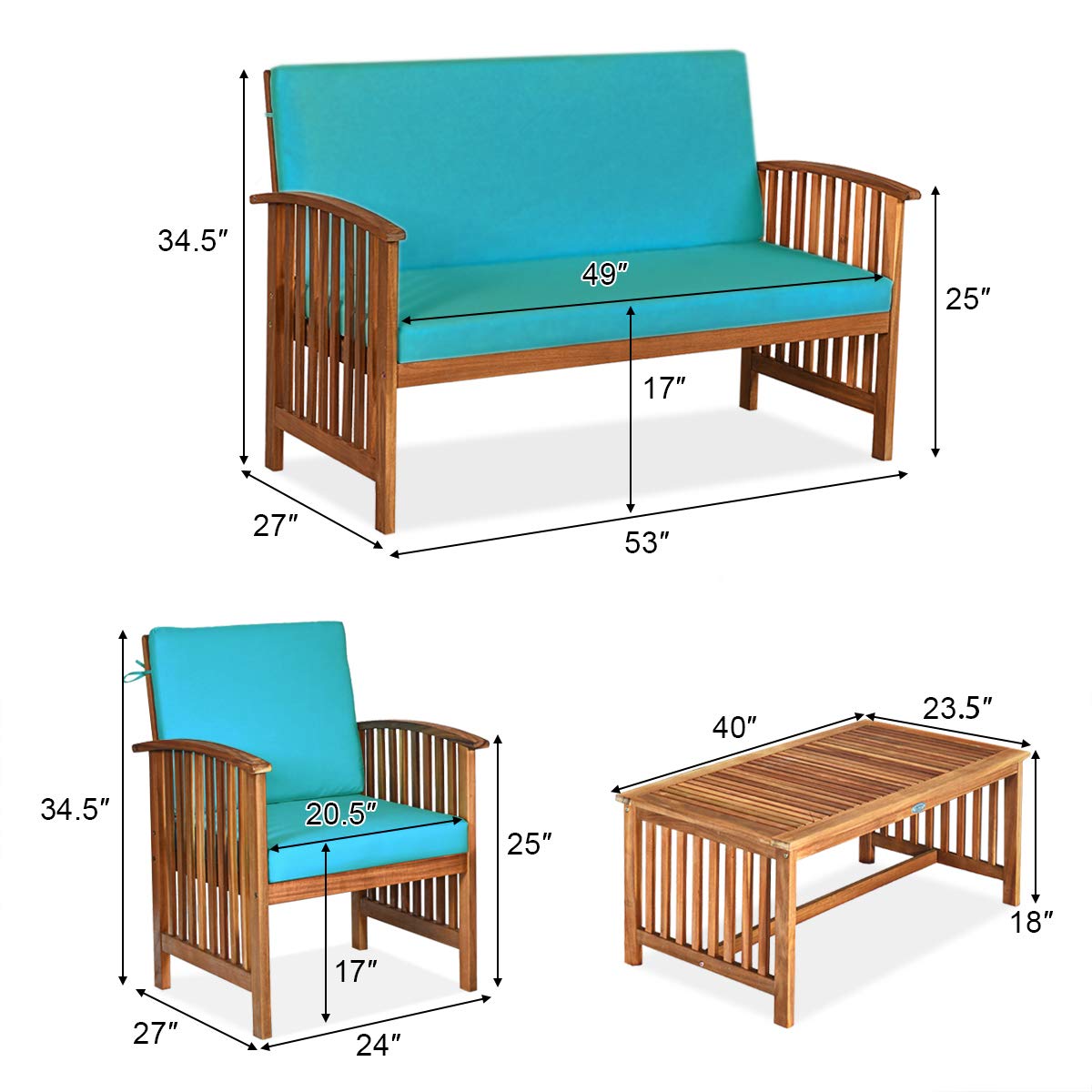 SUGIFT 4 Pieces Patio Solid Wood Furniture Set with Water Resistant Cushions