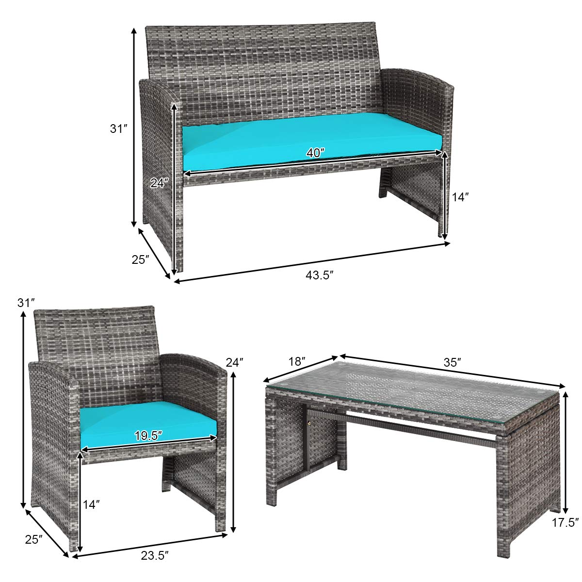 SUGIFT 4 Pieces Patio Rattan Furniture Set with Glass Table and Loveseat