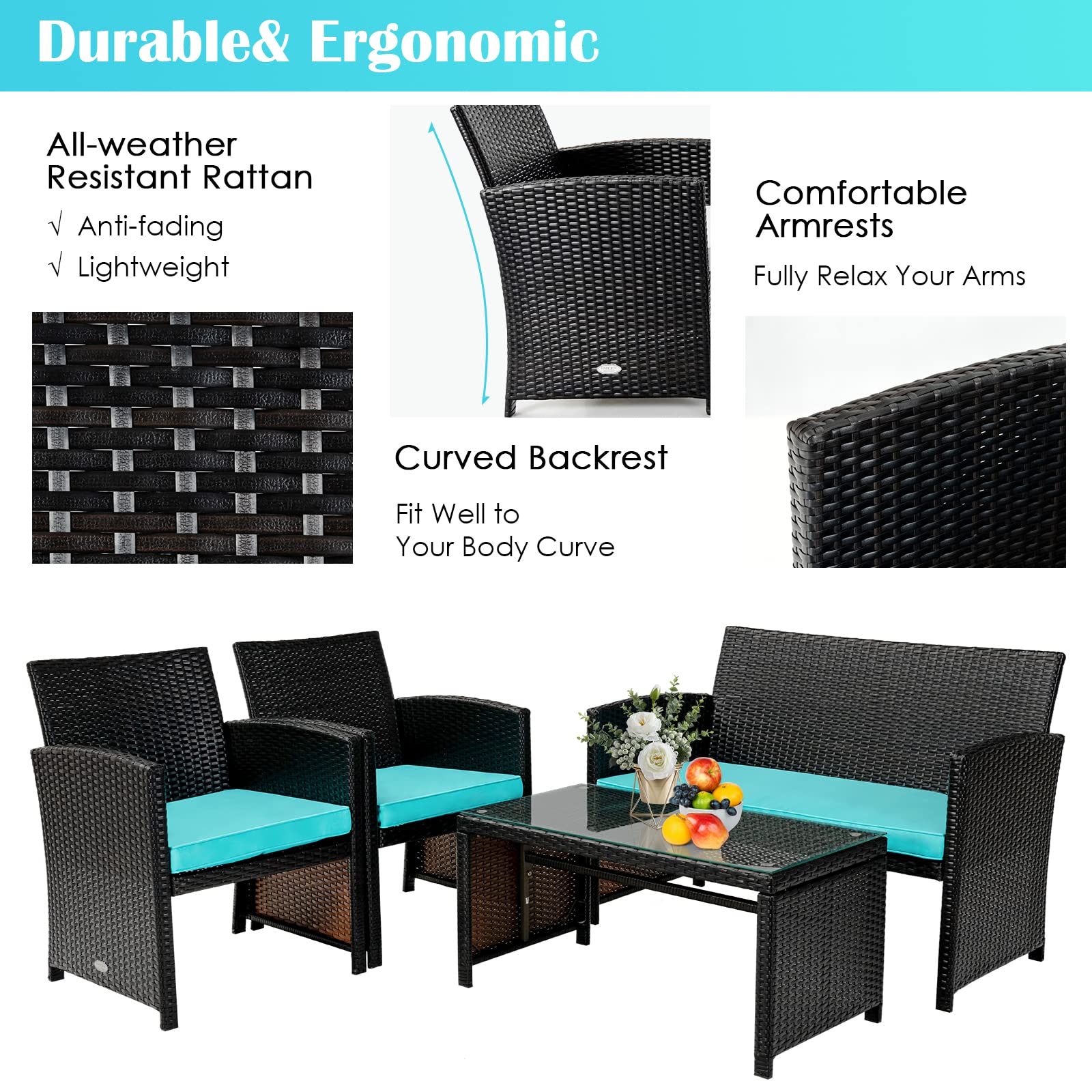 SUGIFT 4 Pieces Patio Rattan Cushioned Furniture Set