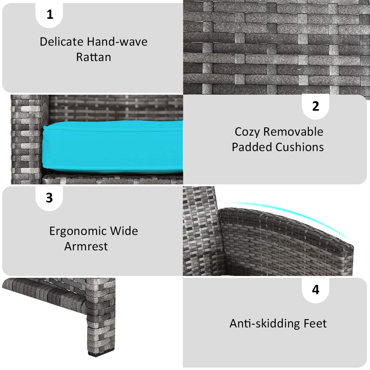 SUGIFT 4 Pieces Patio Rattan Furniture Set with Glass Table and Loveseat