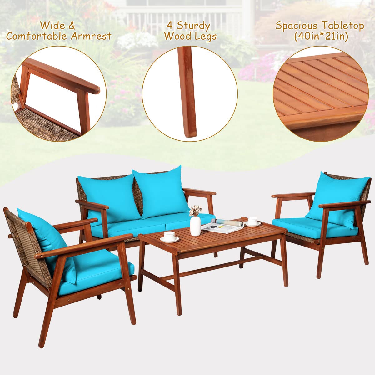 SUGIFT 4 Pieces Acacia Wood Patio Rattan Furniture Set with Cushions