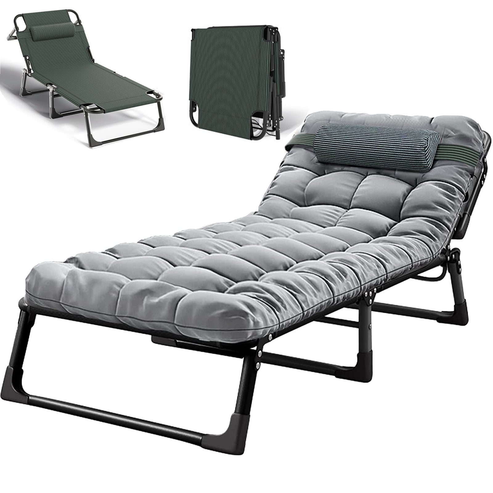 Adjustable 4-Position Folding Lounge Chair, Camping Cot Bed with Pillow and Thicked Mattress