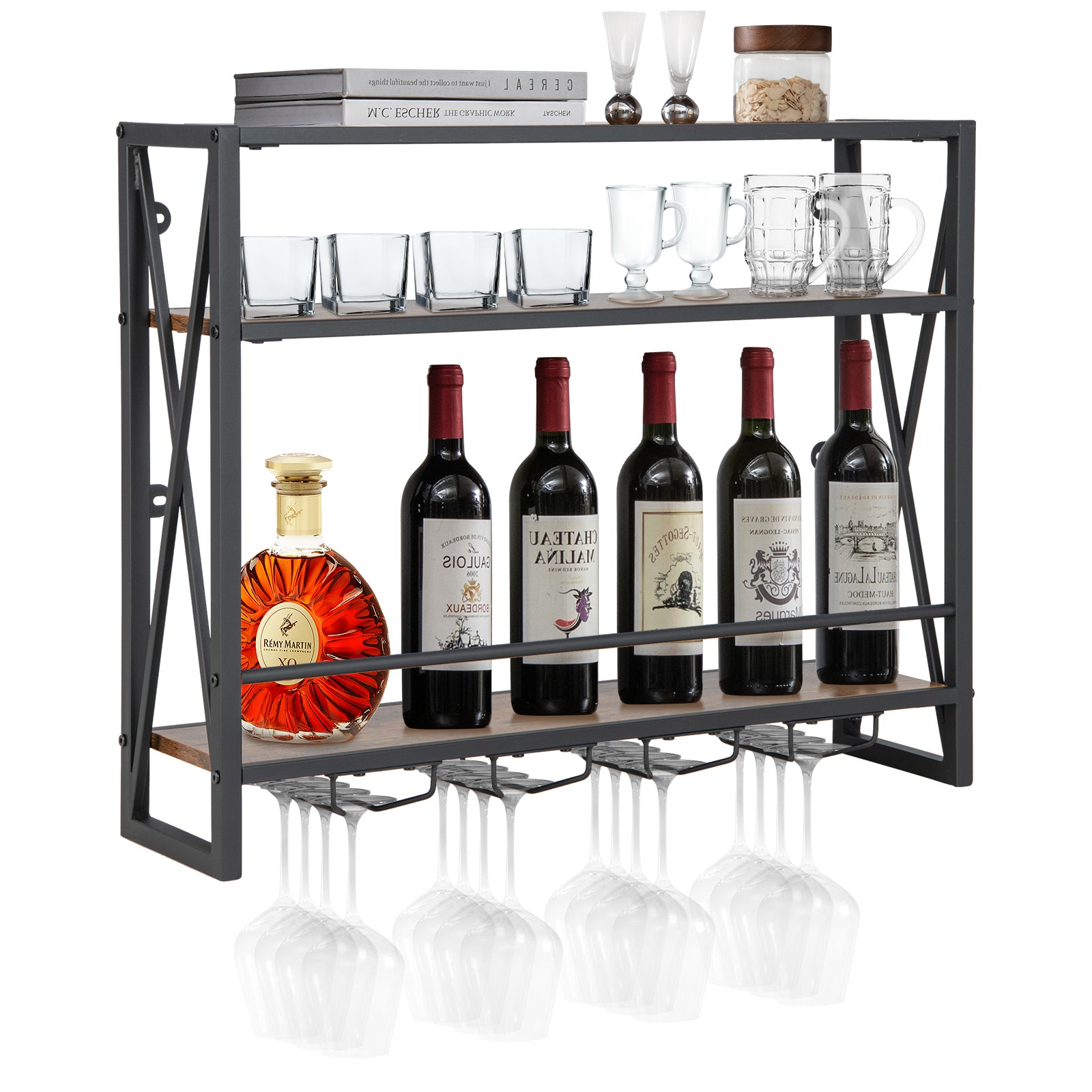 3-Tiers Industrial Wall Mounted Wine Rack with Glass Holder and Metal Frame