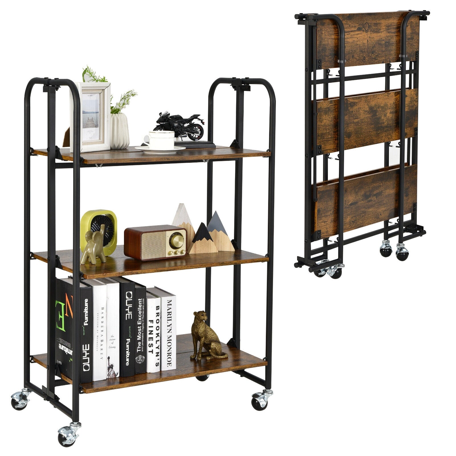 Foldable Rolling Cart with Storage Shelves for Kitchen