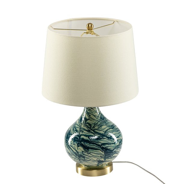SUGIFT  20 inch Modern LED Bedside Table Lamp with Linen Shade and Glass Base Blue