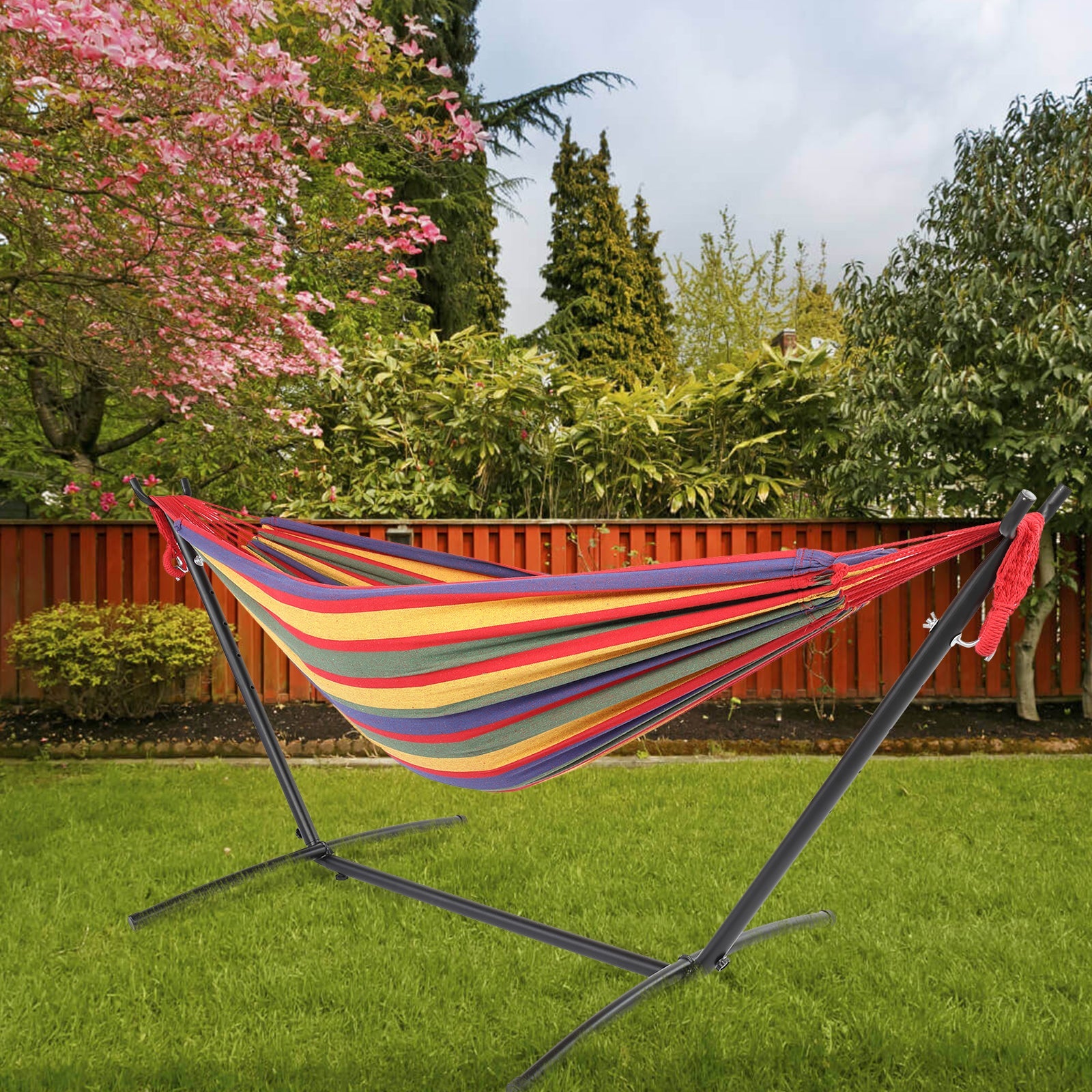 SUGIFT 9 ft Hammock Set, Black Steel Tube Outdoor Hammock with Rainbow Stripes Hammock Cloth
