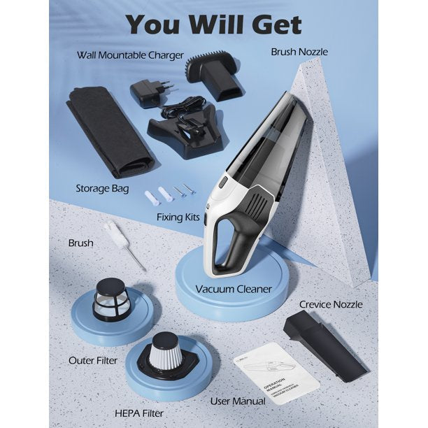 Handheld Vacuum Cleaner Cordless, Lightweight Wall Mount Charger Hand Held Vac with Rechargeable 2200mAh Lithium Battery for Car Pet Hair