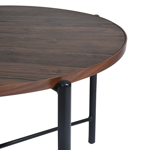 SUGIFT  Coffee Table Wood Cocktail Table Tea Desk 29.7 Inch Large Round Coffee Table Solid Metal Frame Table for Living Room
