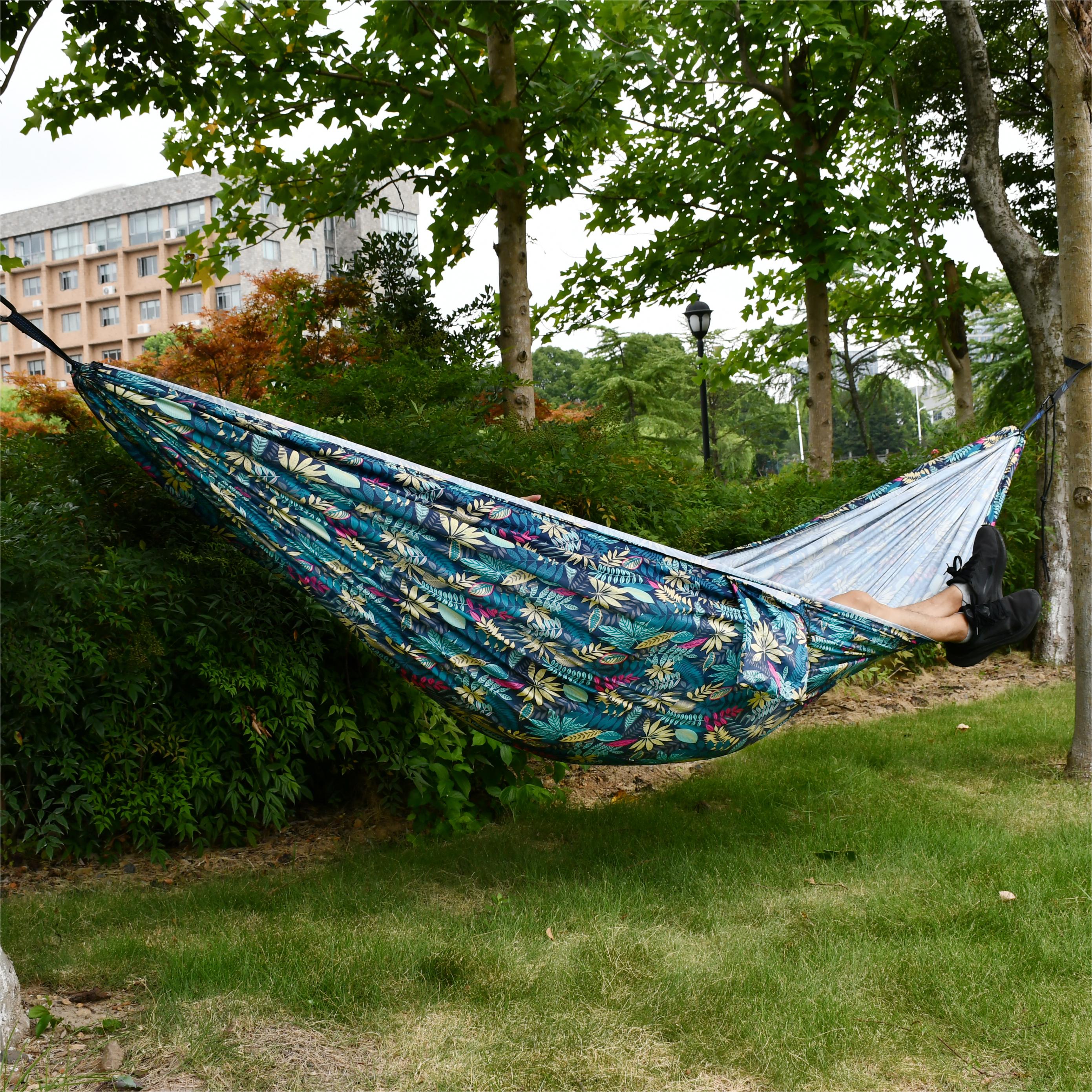 Portable Camping Hammock Cloth, Two Person Blue Leaf Print