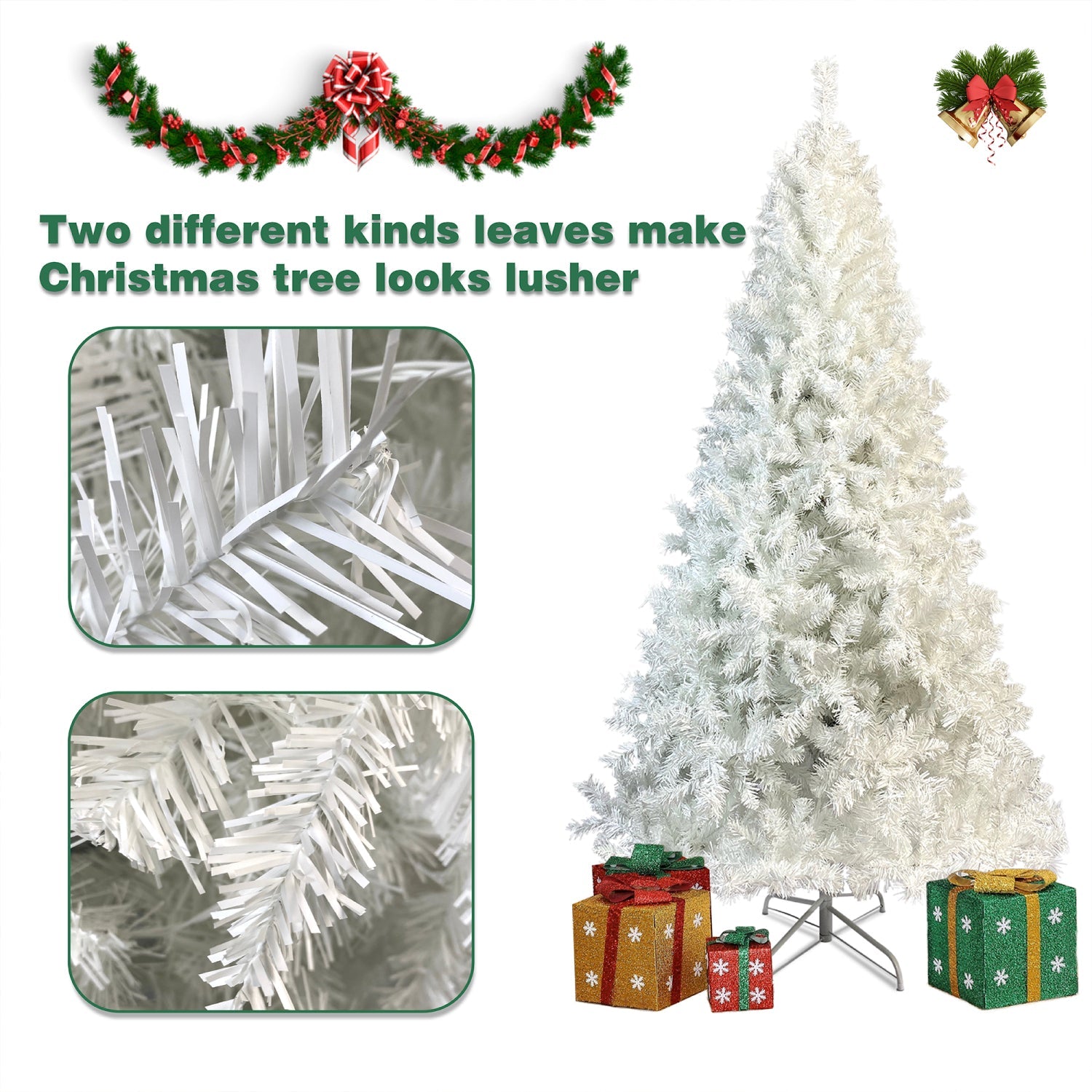 SUGIFT  7.4 ft White Hinged Artificial Spruce Full Christmas Tree w/1,346 Branch Tips£¬500 LED lights