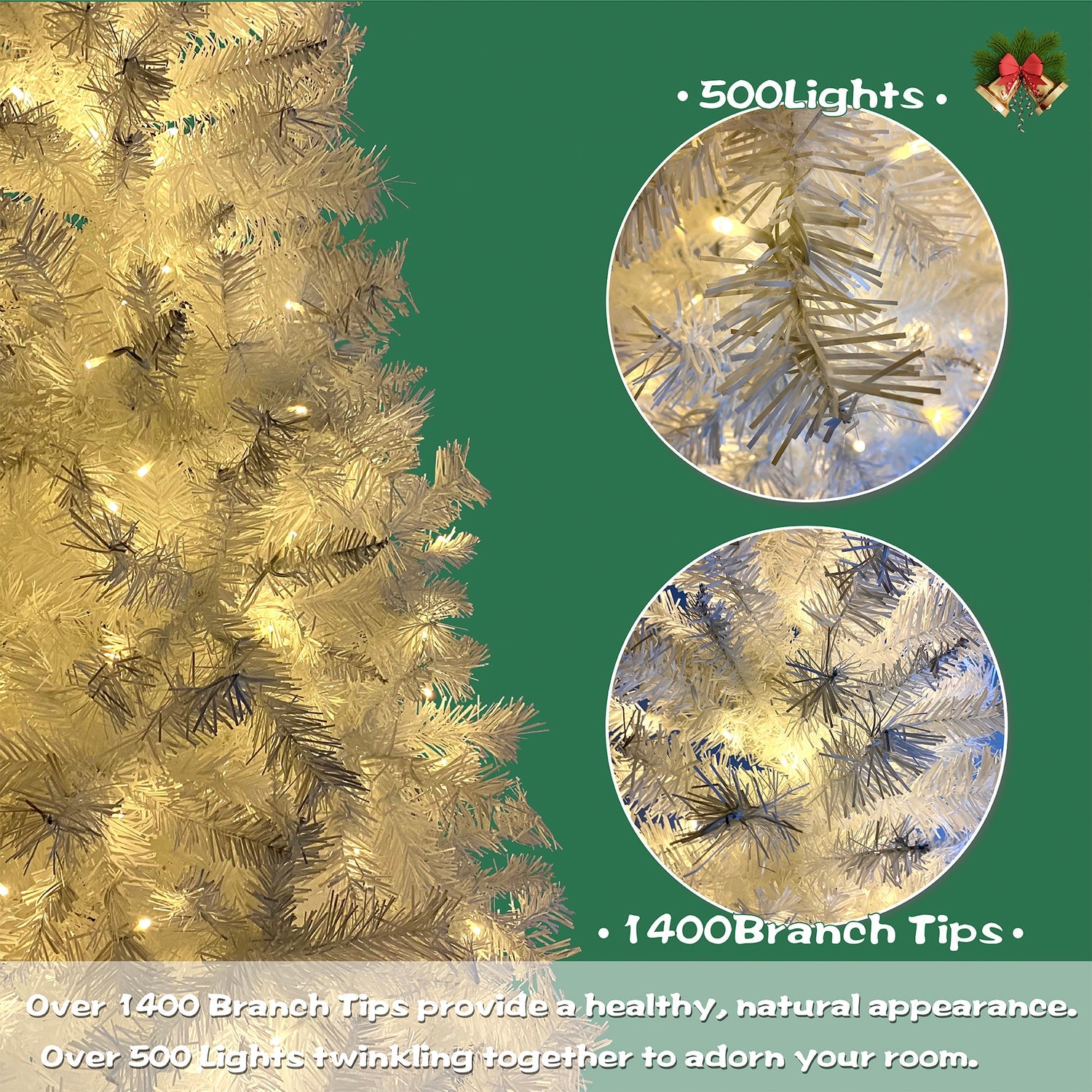 SUGIFT  7.4 ft White Hinged Artificial Spruce Full Christmas Tree w/1,346 Branch Tips£¬500 LED lights
