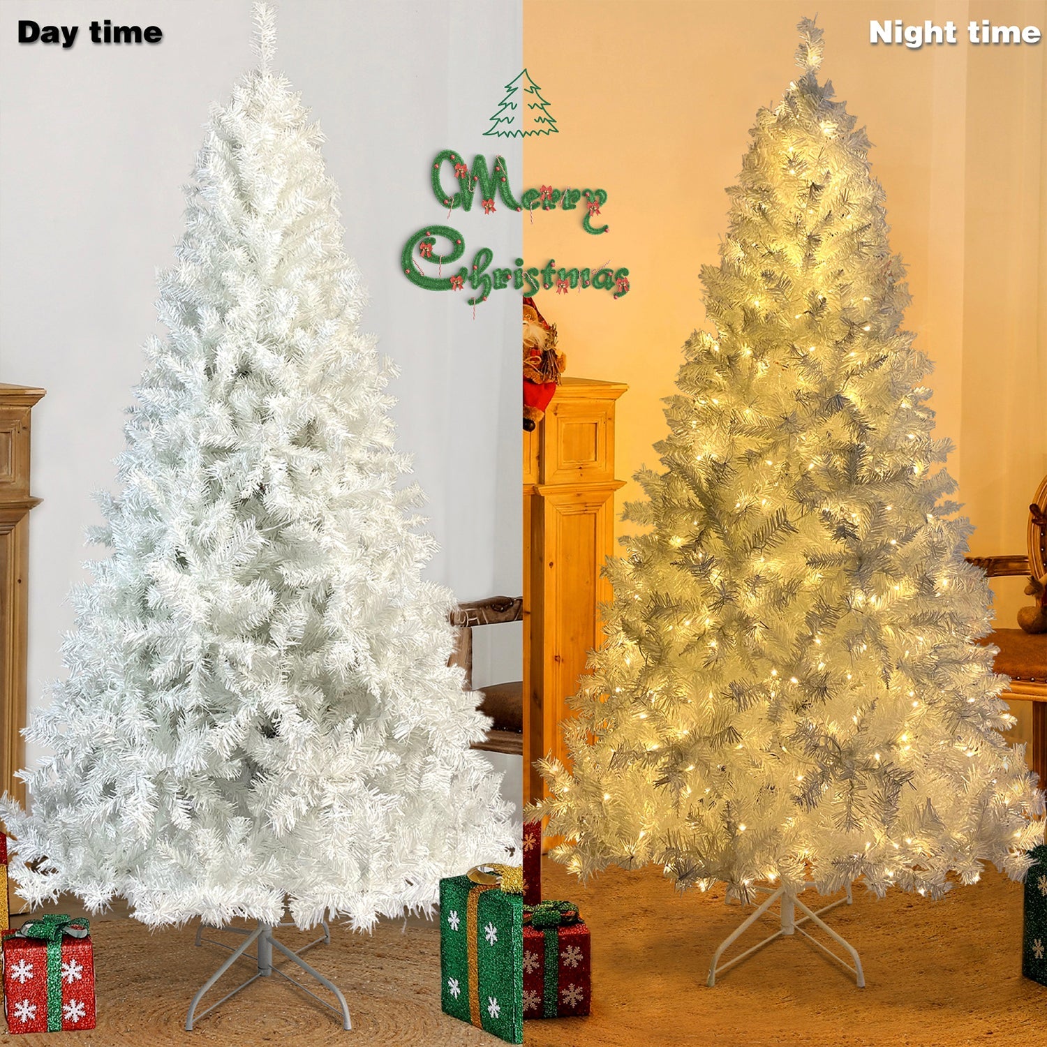 SUGIFT  7.4 ft White Hinged Artificial Spruce Full Christmas Tree w/1,346 Branch Tips£¬500 LED lights