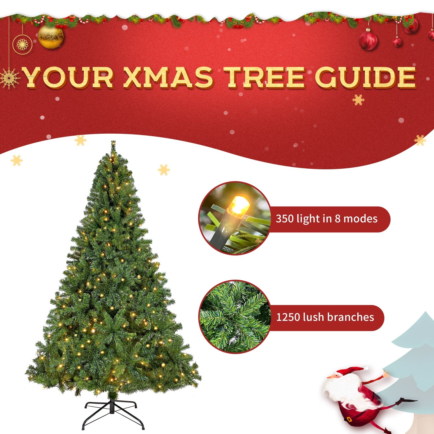 SUGIFT  7.5FT Pre-Lit Hinged Fraser Fir Artificial Fir Christmas Tree w/1,250Tips, 350 LED Lights