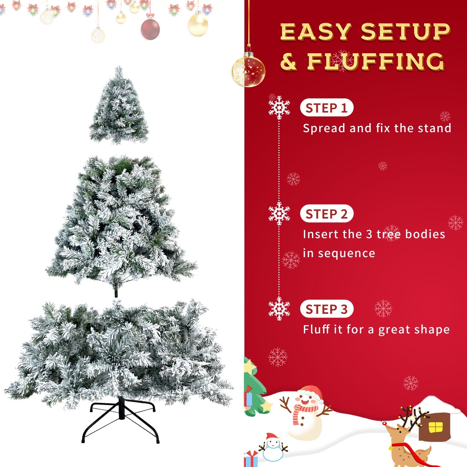 SUGIFT  7.5FT Hinged Artificial Fir Chritmas Tree, Snow Flocked Artificial Holiday Christmas Tree w/1,346 Branch Tips