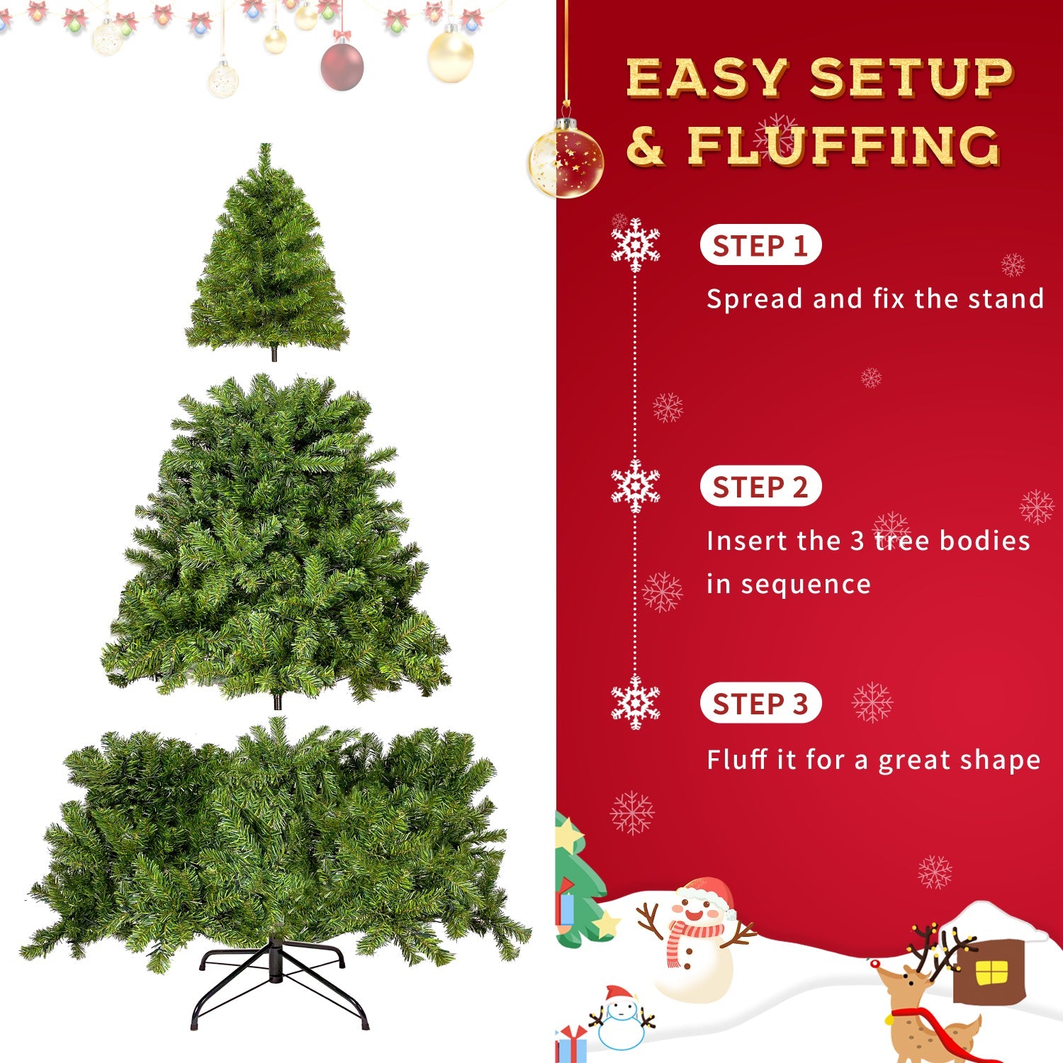 SUGIFT  7.5FT Pre-Lit Hinged Fraser Fir Artificial Fir Christmas Tree w/1,250Tips, 350 LED Lights
