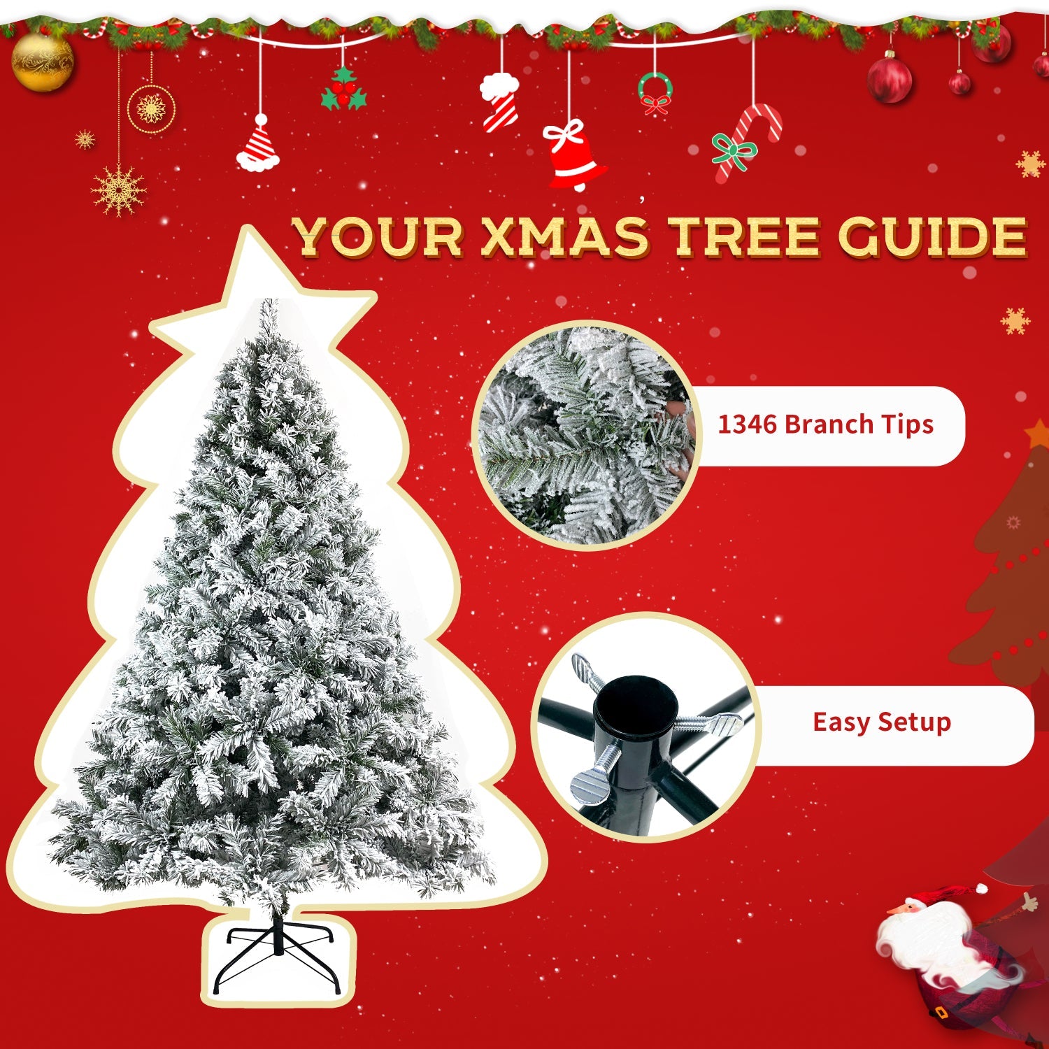 SUGIFT  7.5FT Hinged Artificial Fir Chritmas Tree, Snow Flocked Artificial Holiday Christmas Tree w/1,346 Branch Tips