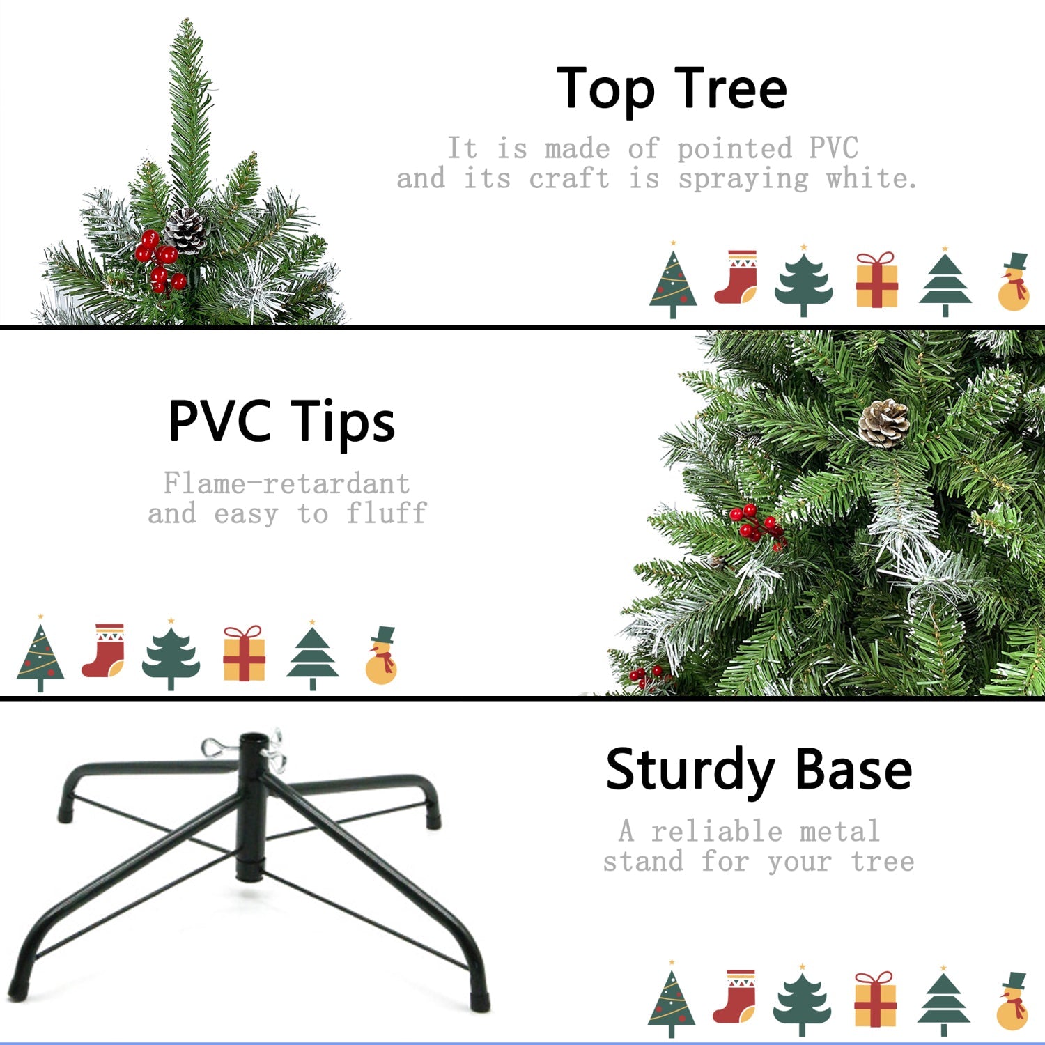 SUGIFT 6FT Hinged Fir Artificial Christmas Tree with Pinecones and Red Berries