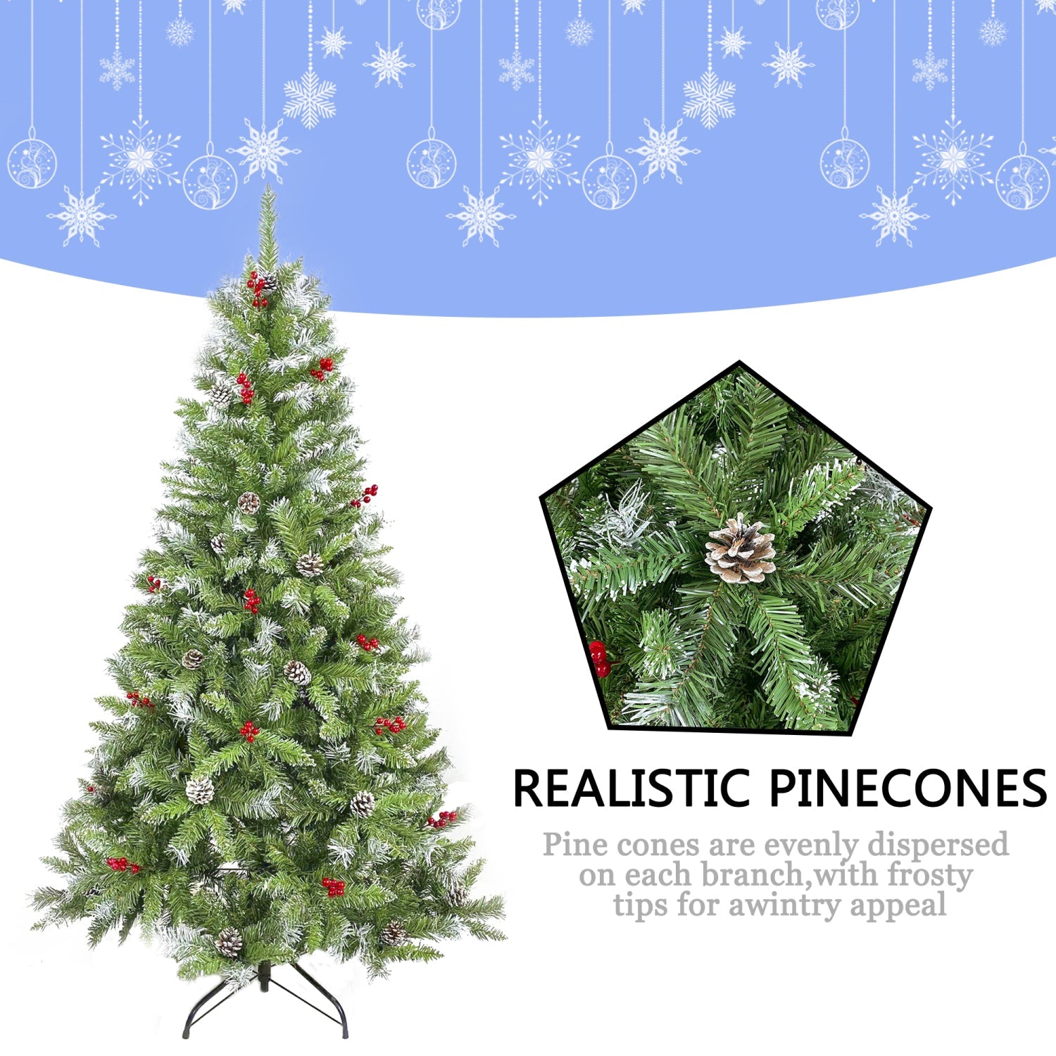SUGIFT 6FT Hinged Fir Artificial Christmas Tree with Pinecones and Red Berries