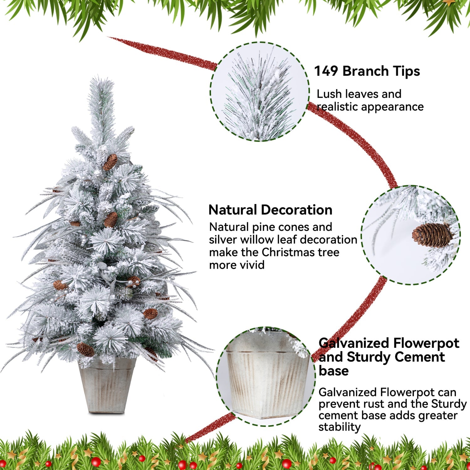 SUGIFT  3.5ft mini Artificial Flocked Christmas Tree with Pine Cones,Christmas Decor White