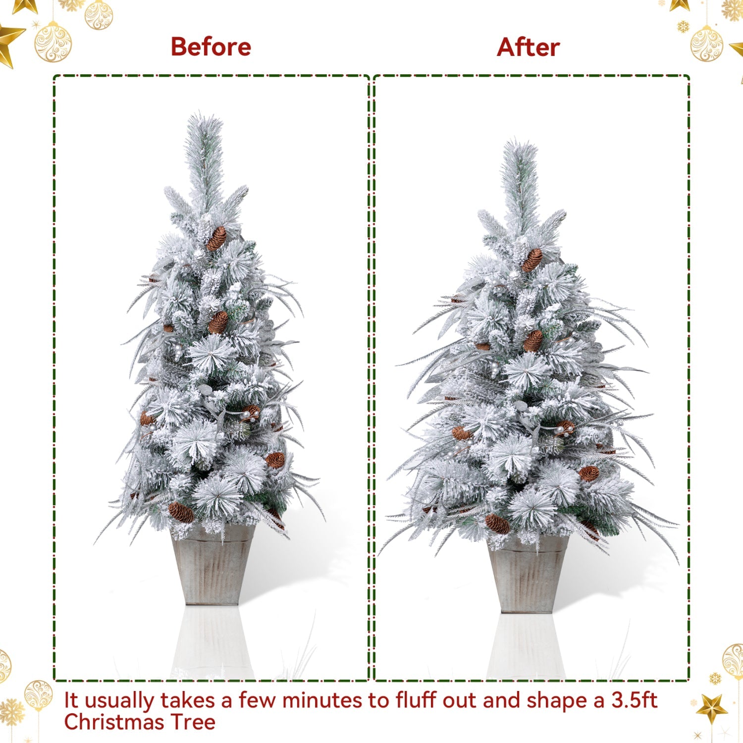 SUGIFT  3.5ft mini Artificial Flocked Christmas Tree with Pine Cones,Christmas Decor White