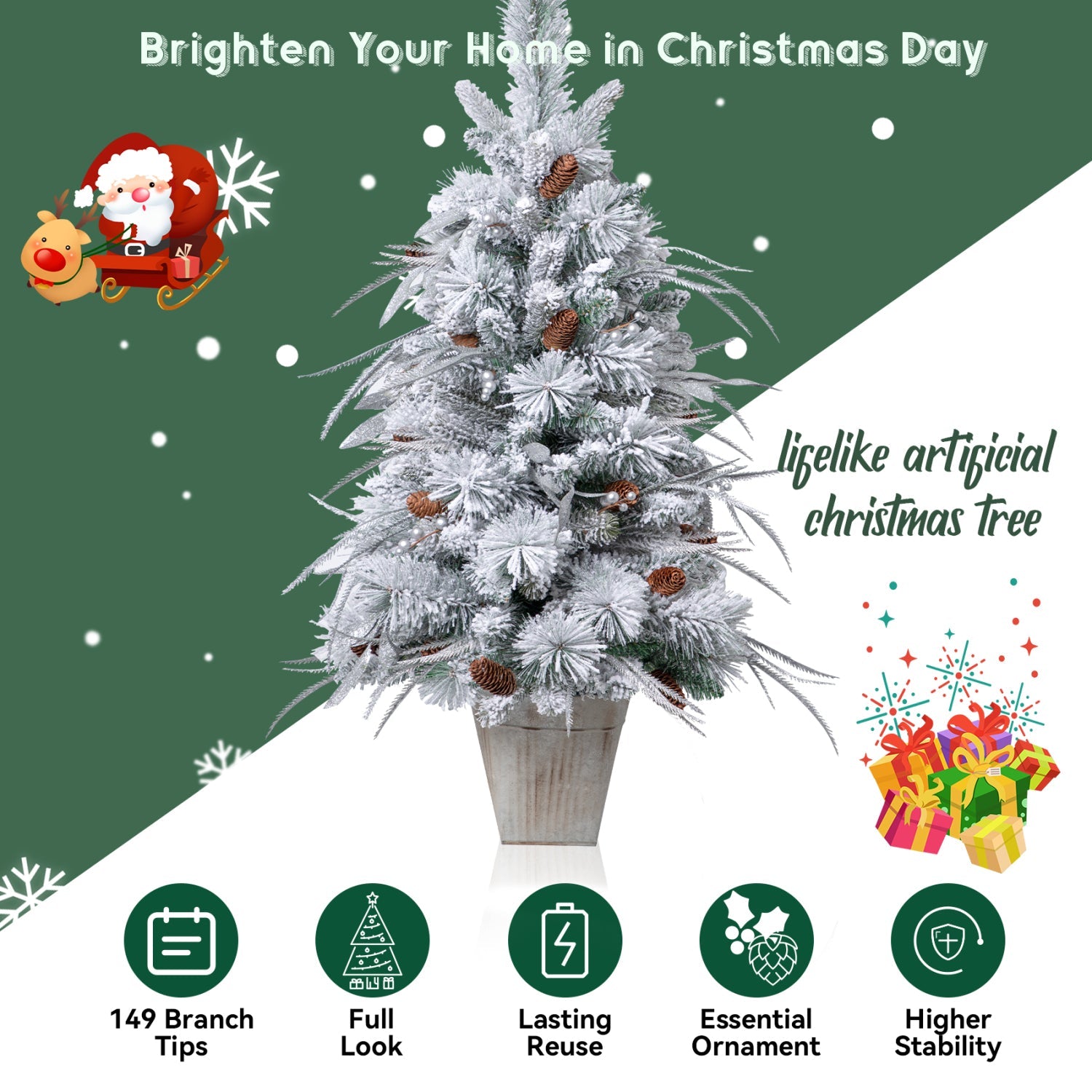 SUGIFT  3.5ft mini Artificial Flocked Christmas Tree with Pine Cones,Christmas Decor White
