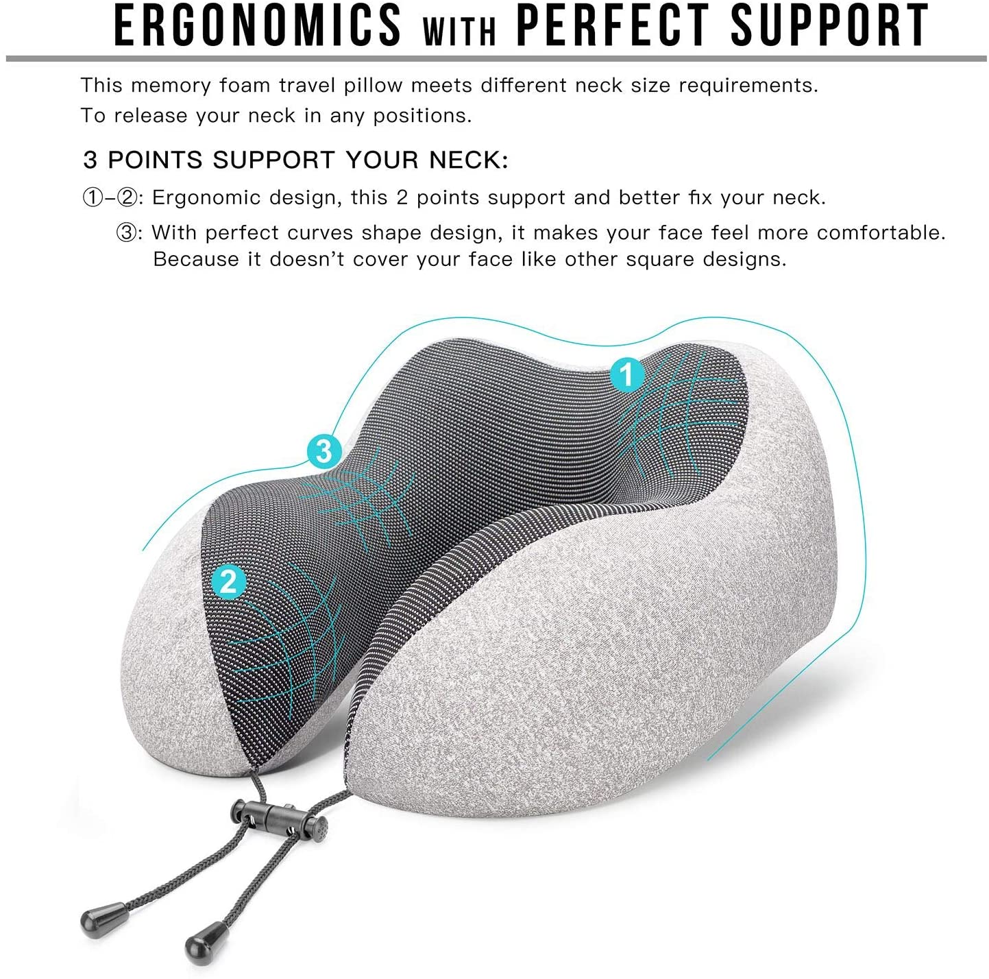 SUGIFT  Travel Pillow 100% Pure Memory Foam Neck Pillow, Comfortable & Breathable Cover, Machine Washable, Airplane Travel Kit with 3D Contoured Eye Masks, Earplugs, and Luxury Bag, Standard (Grey)