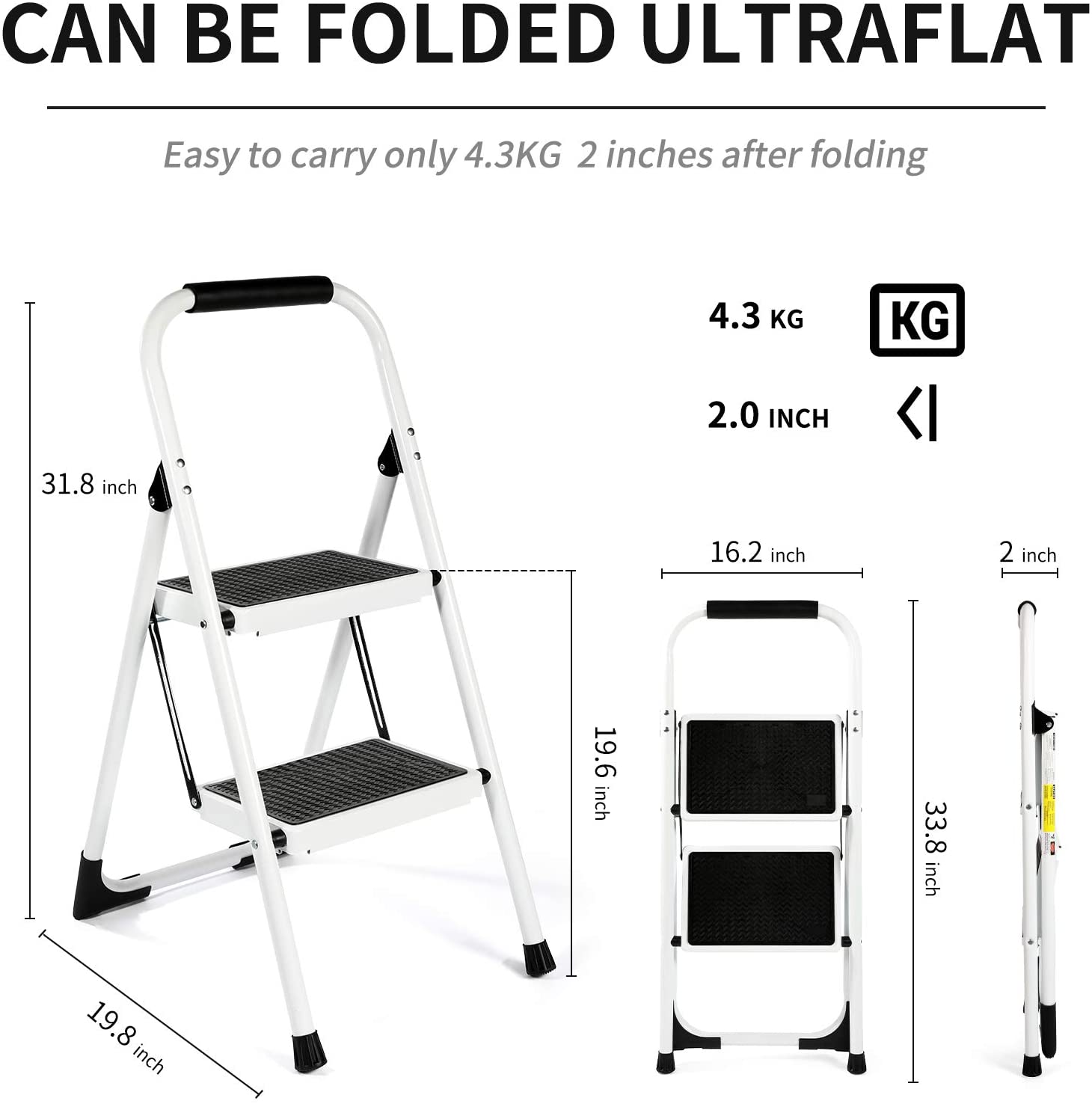 SUGIFT  Step Ladder 2 Step Stool Ergonomic Folding Step Stool with Wide Anti-Slip Pedal