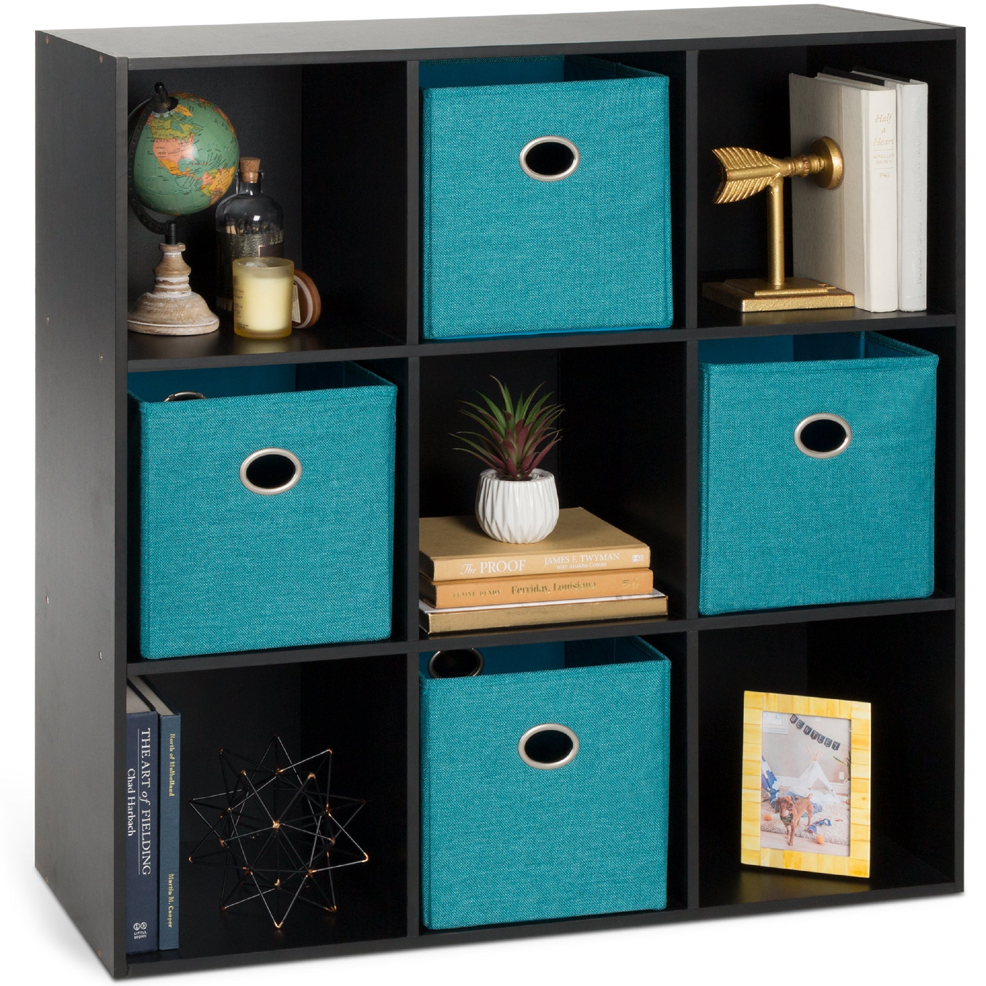 SUGIFT 9-Cube Bookshelf, Display Storage System, Compartment Organizer w/ 3 Removable Back Panels - Black