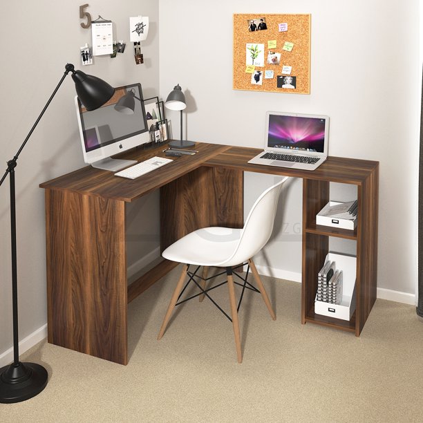 SUGIFT  Corner Computer Desk L Shape Desk Home Office Corner Desk L Computer Desk Workstation with 2 Storage Shelves and Hutches