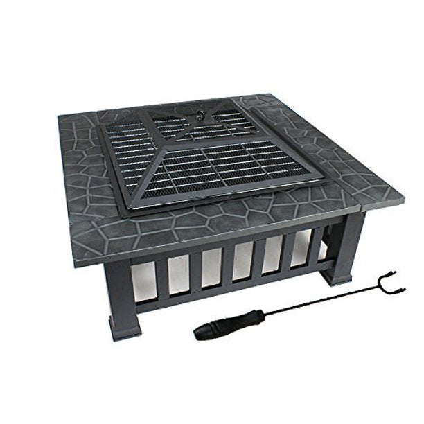 SUGIFT  32" Outdoor Fire Pit Square Metal Firepit Backyard Patio Garden Stove Wood Burning Fire Pit W/Rain Cover, Black