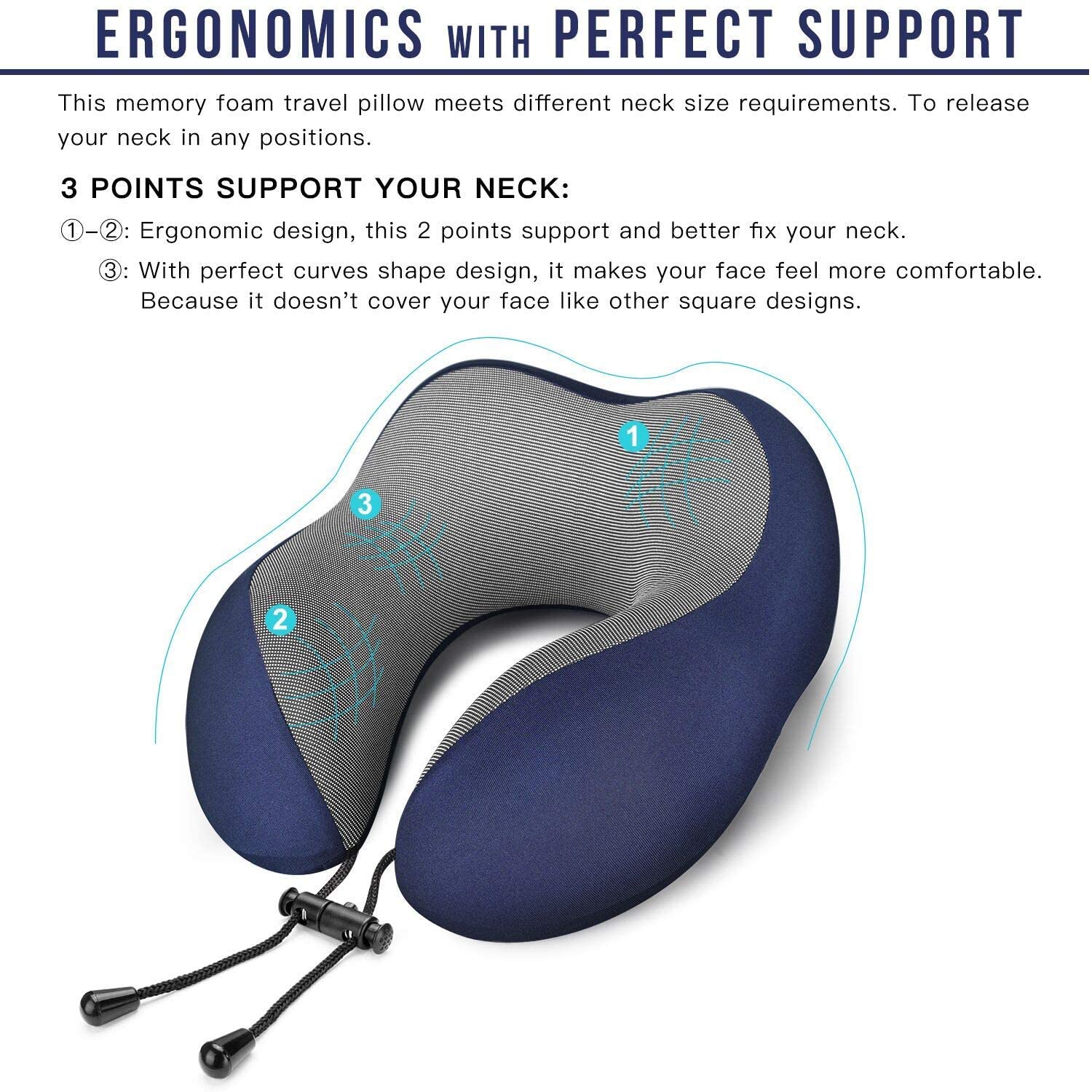 SUGIFT  Travel Pillow 100% Pure Memory Foam Neck Pillow, Comfortable & Breathable Cover, Machine Washable, Airplane Travel Kit with 3D Contoured Eye Masks, Earplugs, and Luxury Bag, Standard (Blue)