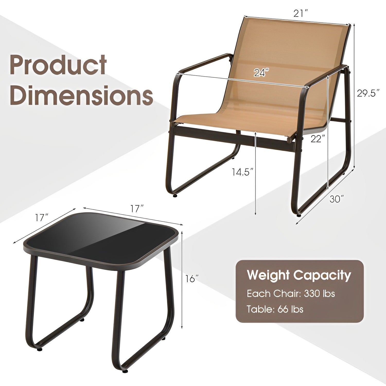 3 Pieces Patio Conversation Set with Breathable Fabric and Tabletop