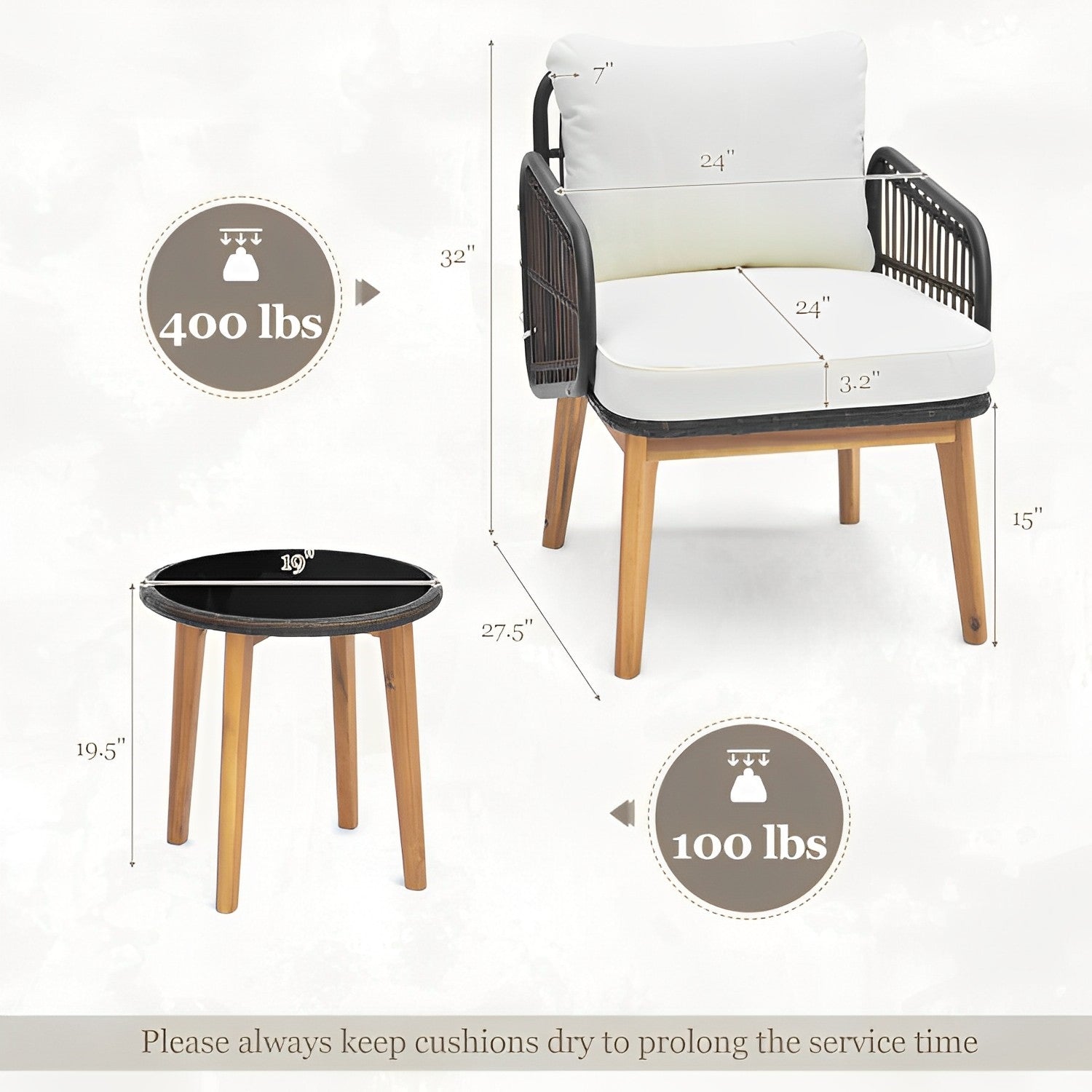 3 Pieces Patio Furniture Set with Cushioned Chairs and Tempered Glass Side Table