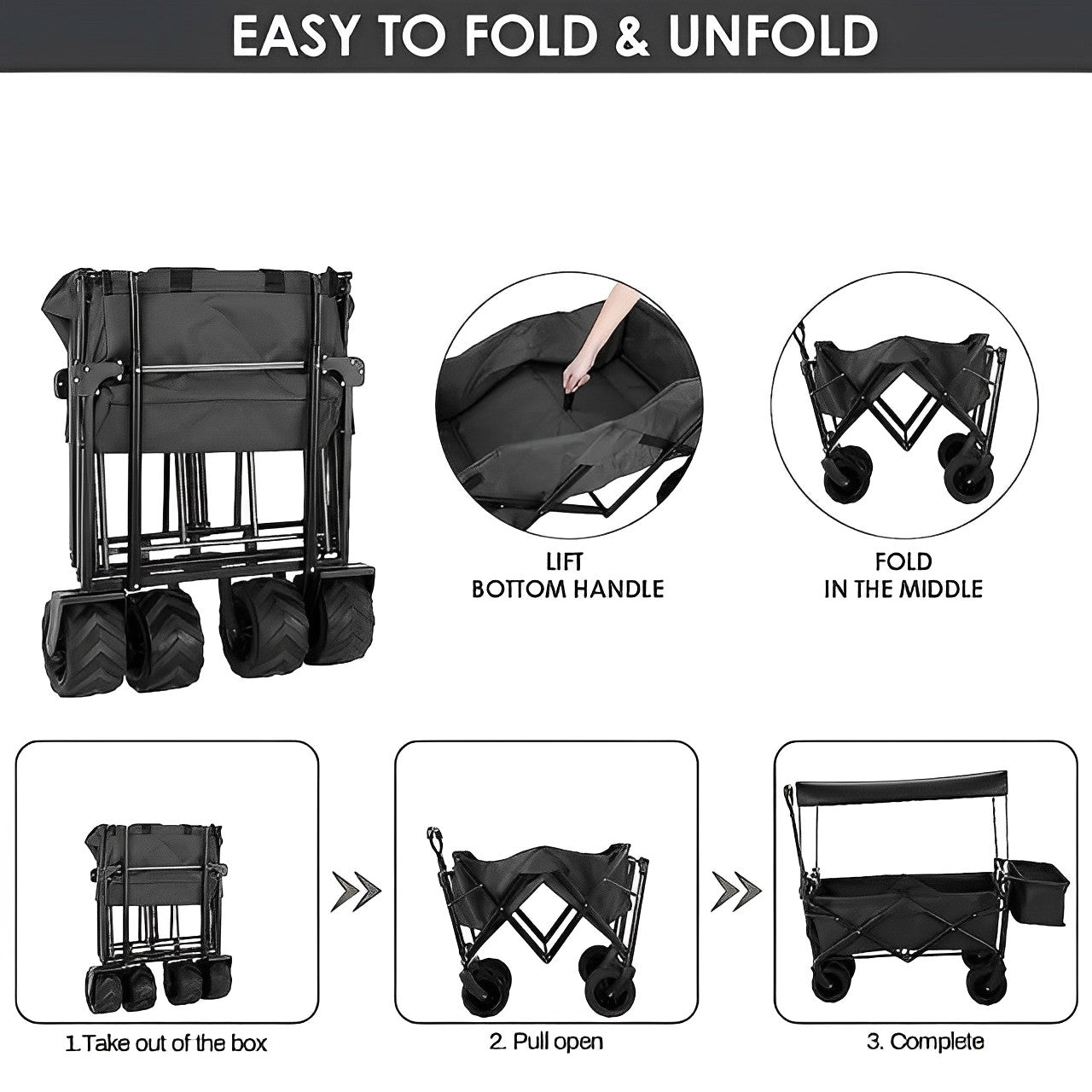 Collapsible Wagon Cart with Removable Canopy and Wide Large All Terrain Wheels