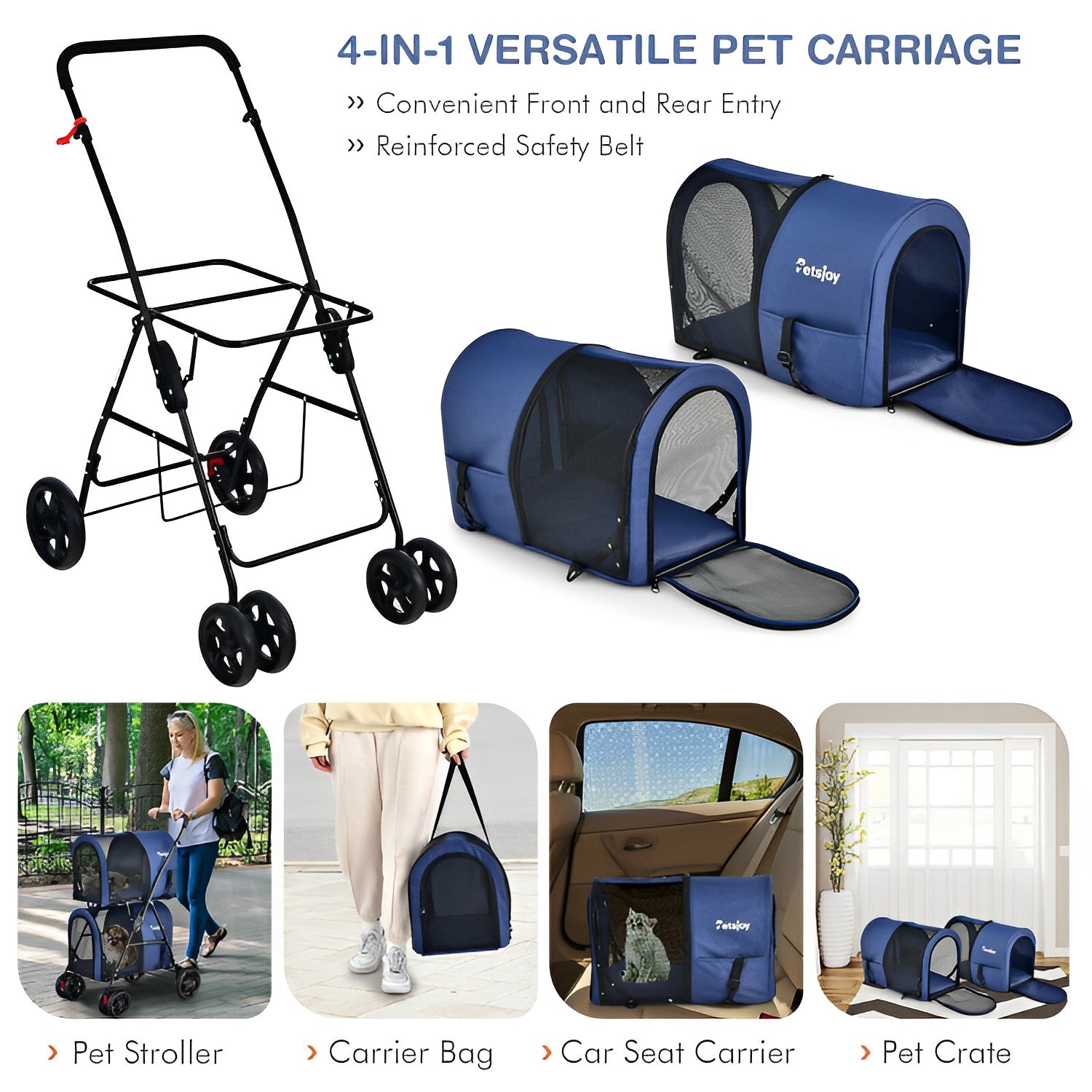 4-in-1 Double Pet Stroller with Detachable Carriers and Travel Carriage