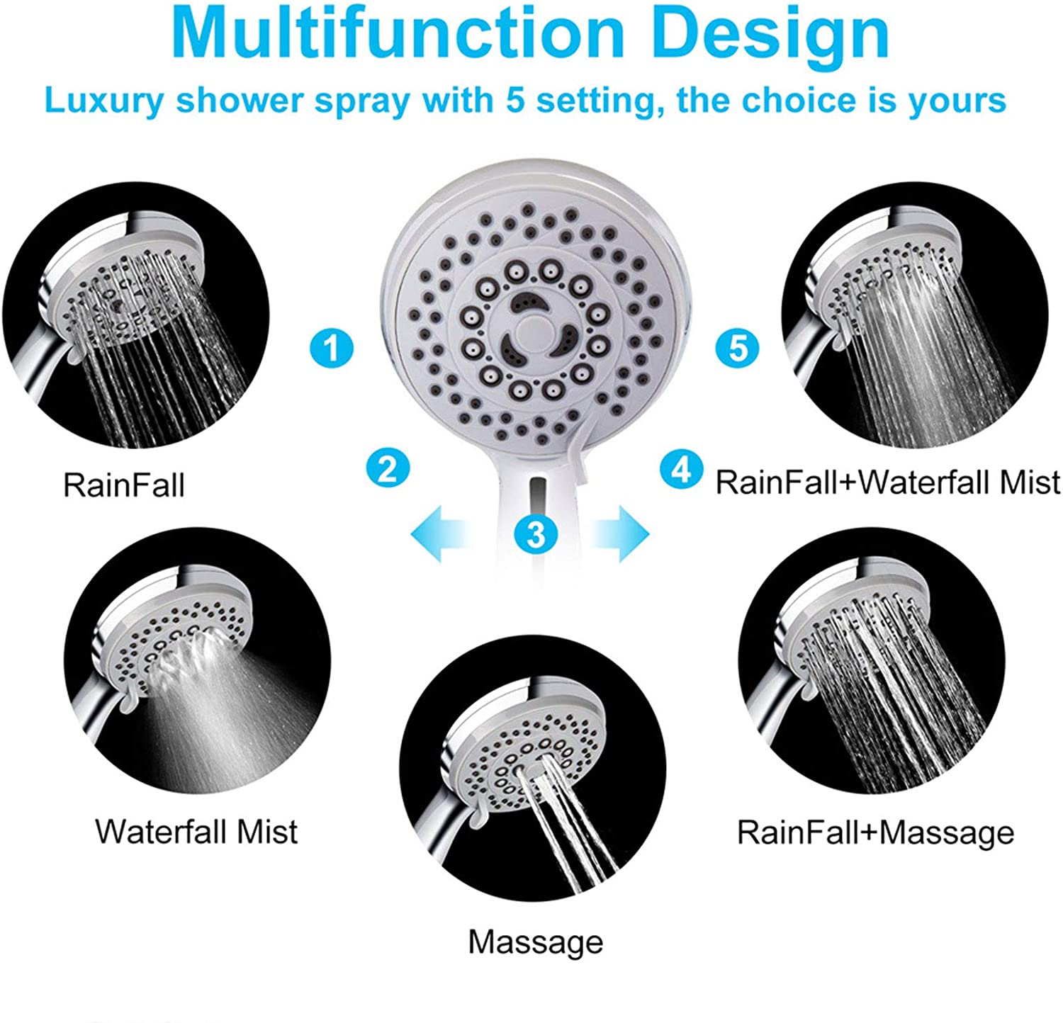SUGIFT   High Pressure 5-Setting Handheld Shower Head with Powerful Shower Spray against Low Pressure Water Supply Pipeline, Multi-functions, w/79'' Hose, Bracket, Flow Regulator, Chrome Finish