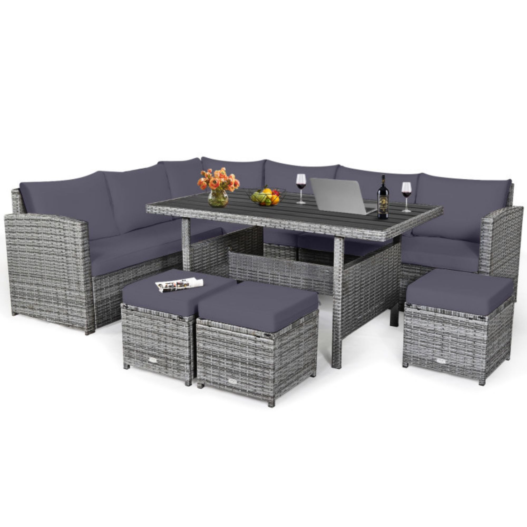 SUGIFT 7 Pieces Outdoor Wicker Sectional Sofa Set with Dining Table