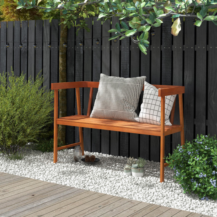 2-Person Patio Acacia Wood Bench with Backrest and Armrests