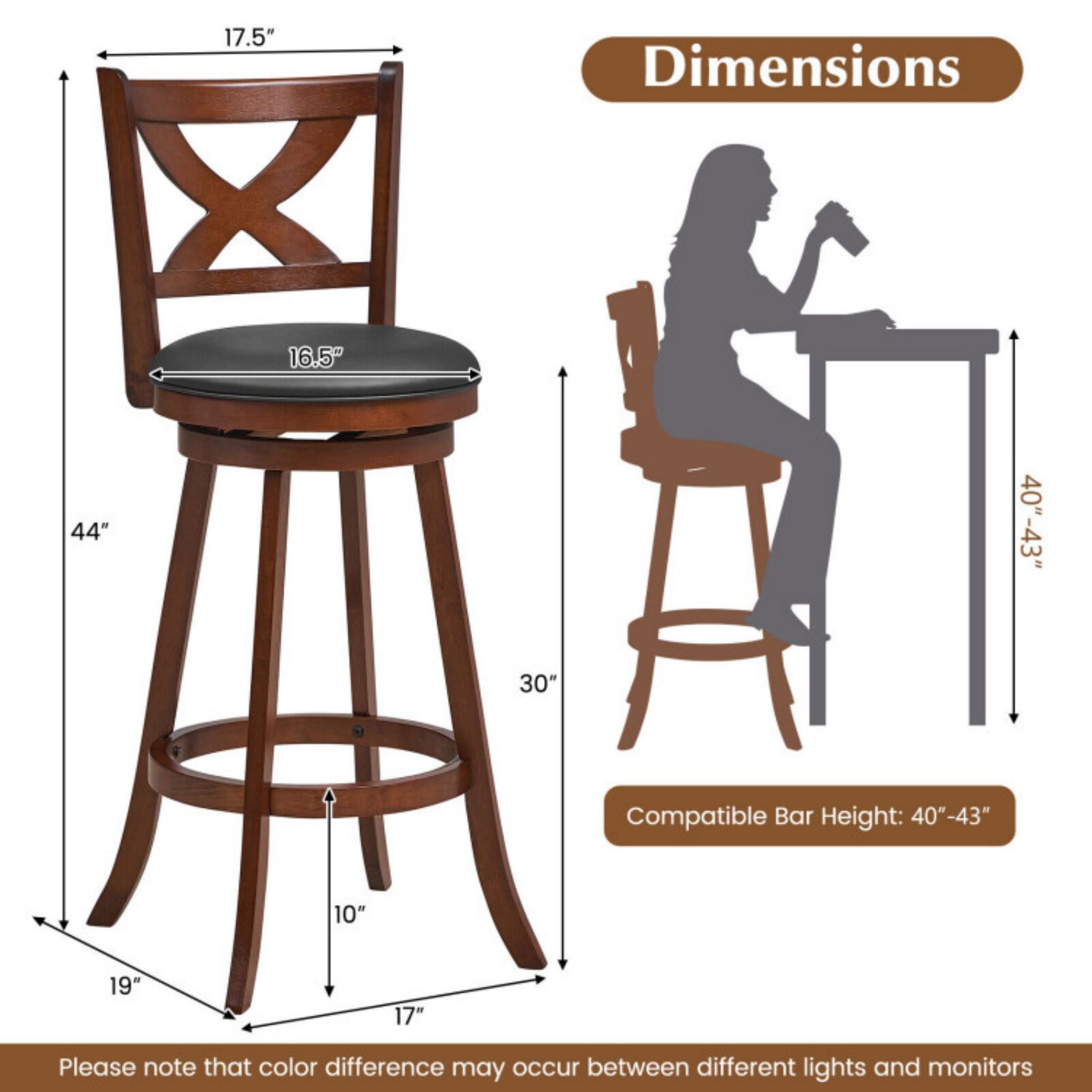 SUGIFT 2 Pieces Classic Counter Height Swivel Bar Stool Set with X-shaped Open Back