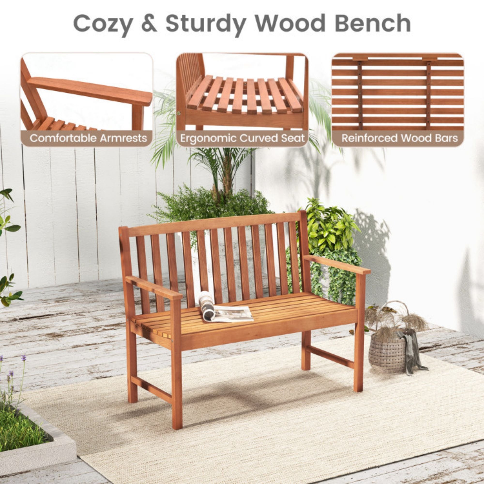 SUGIFT 2-Seat Patio Wood Bench with Cozy Armrests and Backrest