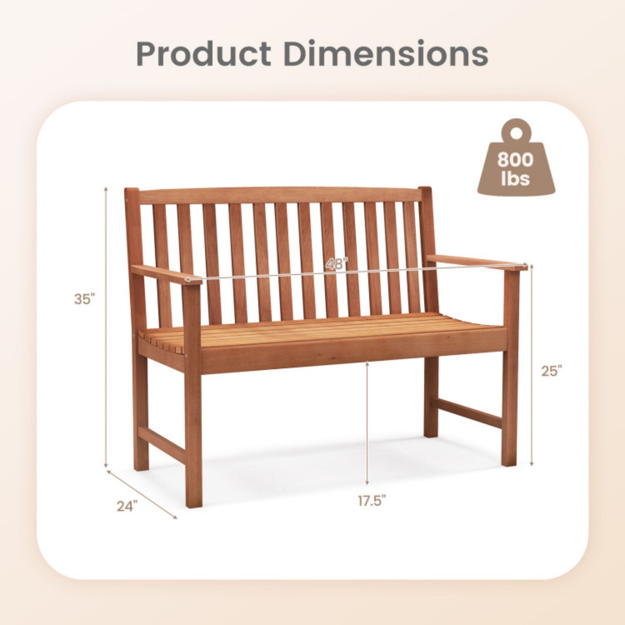 SUGIFT 2-Seat Patio Wood Bench with Cozy Armrests and Backrest