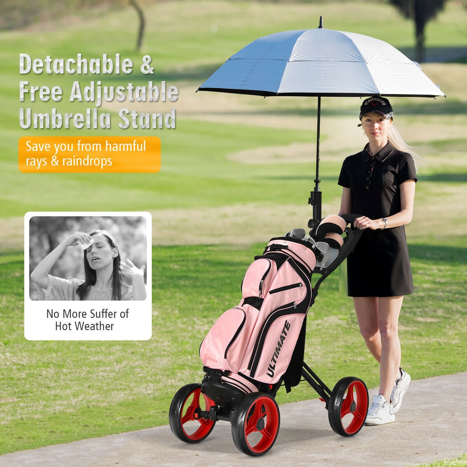 4 Wheel Golf Push Cart with Brake Scoreboard Adjustable Handle